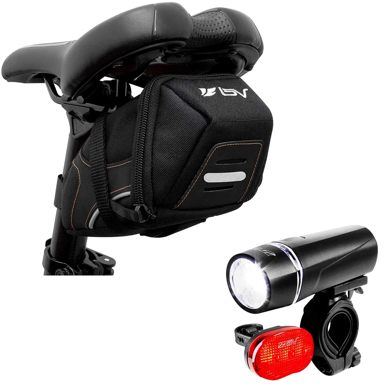 BV Medium Bike Saddle Bag with LED Bike Light Set - Waterproof Cycling Accessories for Commuting, Mountain Biking & Night Rides