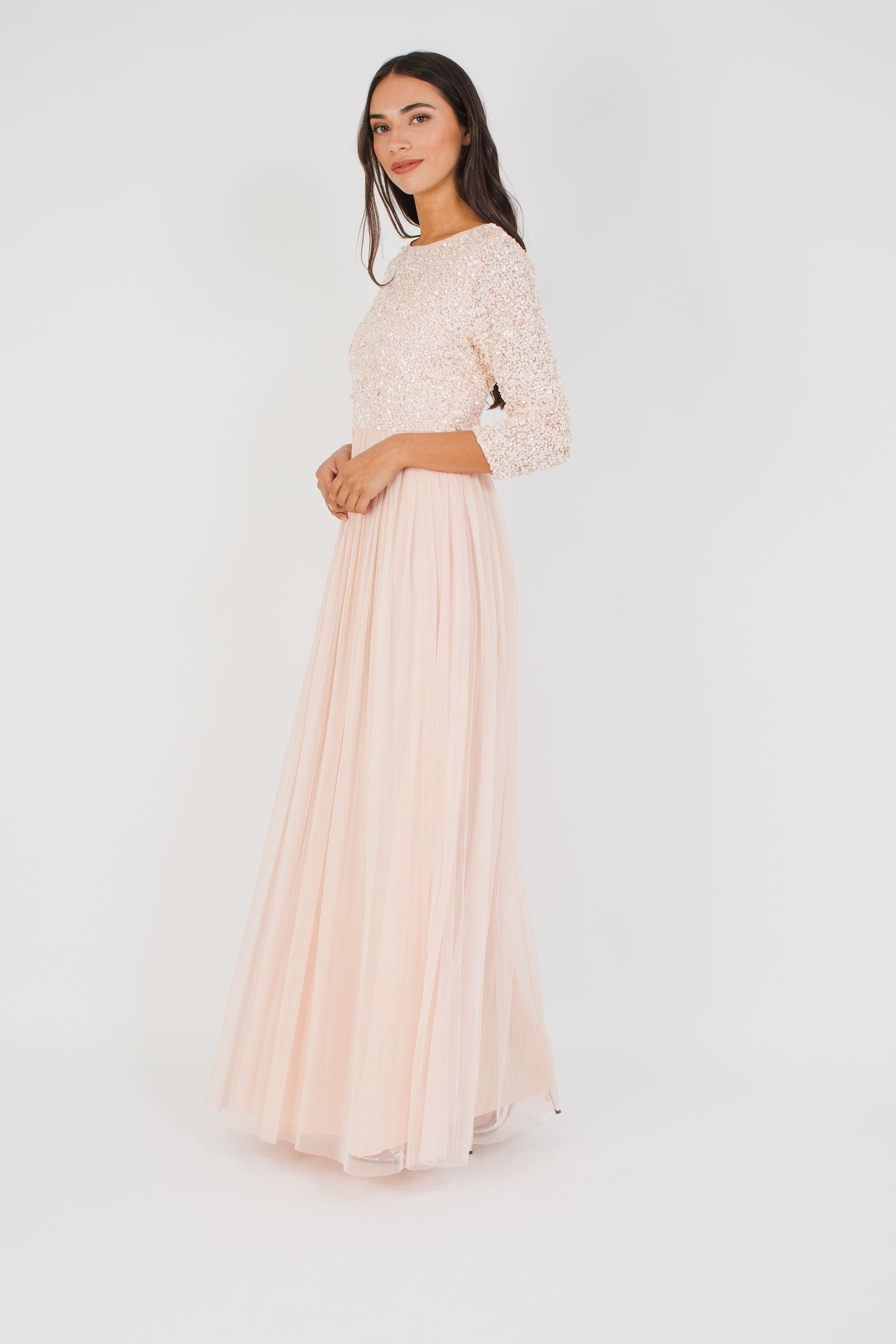Belle Picasso Long Sleeve Maxi Dress in Nude - Elegant Women's Formal Evening Gown for Weddings, Parties & Special Occasions