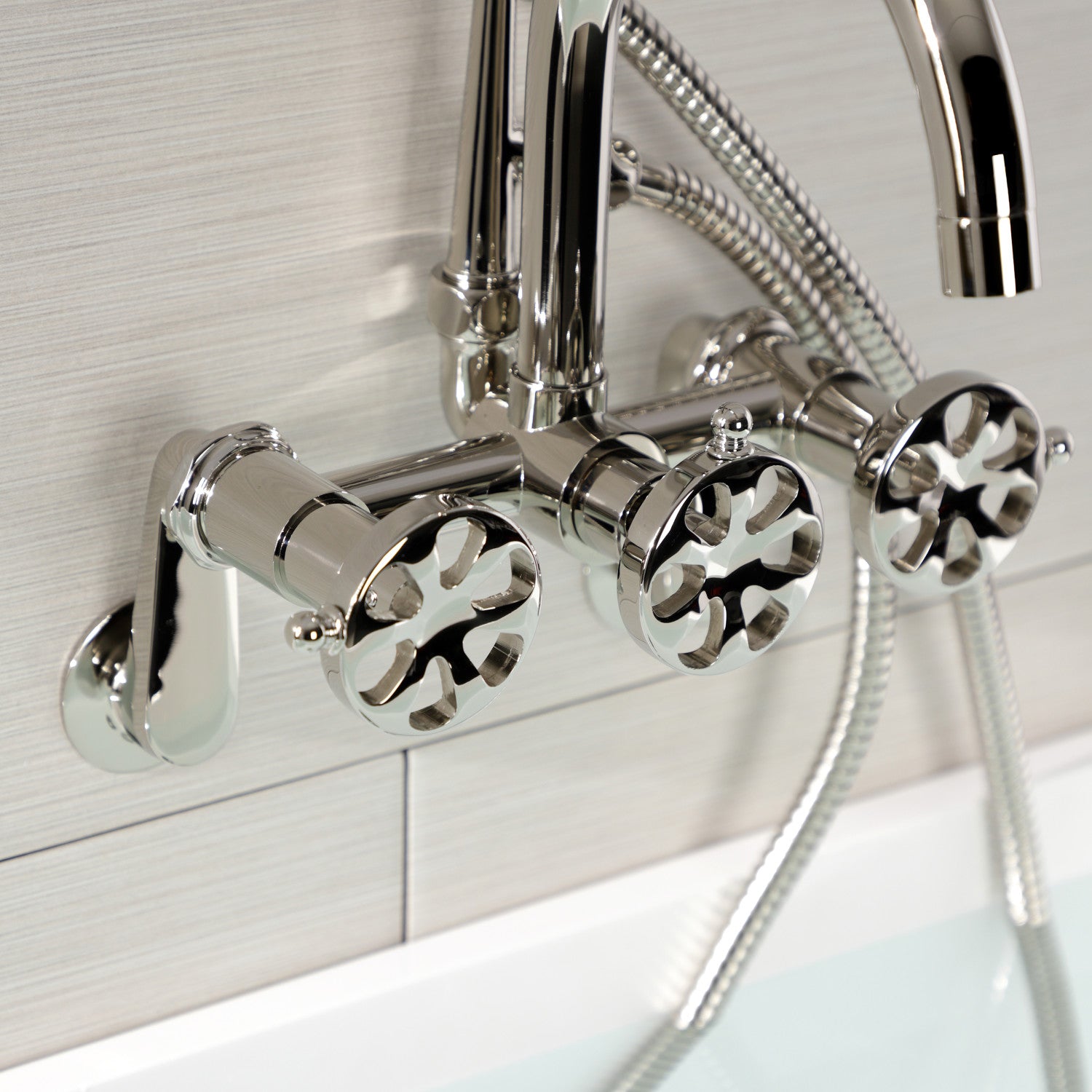 Belknap AE8156RX 3-Handle 2-Hole Wall Mount Clawfoot Bathtub Faucet with Hand Shower in Polished Nickel - Vintage Style Tub Fixture for Bathroom Renovation & Luxury Spa Experience