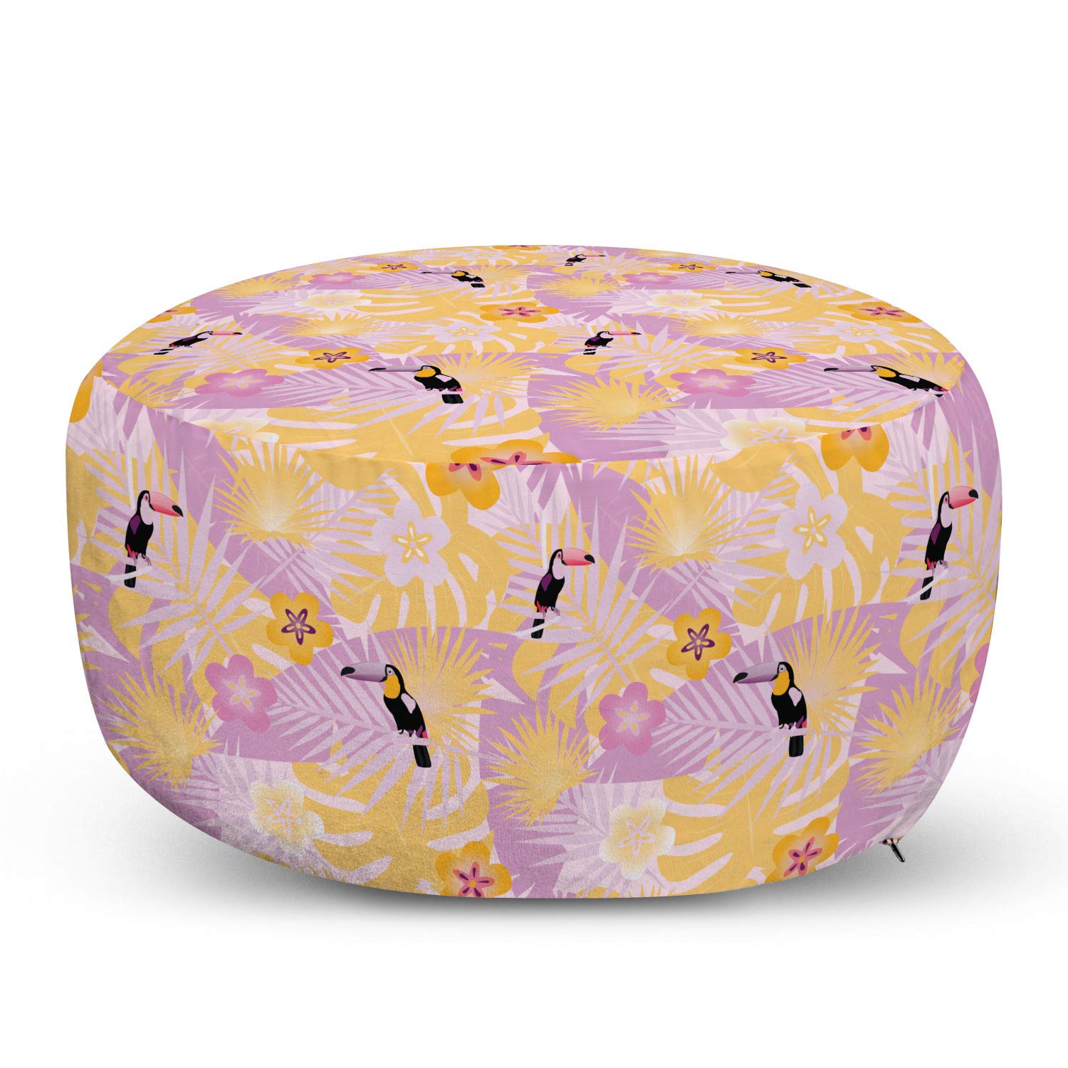 Ambesonne Tropical Ottoman Pouf with Hawaiian Jungle Parrot Print - Soft Decorative Footrest with Removable Cover for Living Room & Bedroom - Marigold Pale Pink - Perfect for Home Decor, Lounge Seating and Kids Play Area