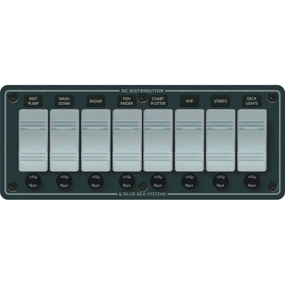 Blue Sea Systems BS8261 Waterproof Switch Panel - 8 Illuminated Contura Switches with Front-Mounted Fuse Holders for AGC Glass Fuses (12V/24V DC) - Perfect for Marine, RV, and Off-Grid Electrical Systems