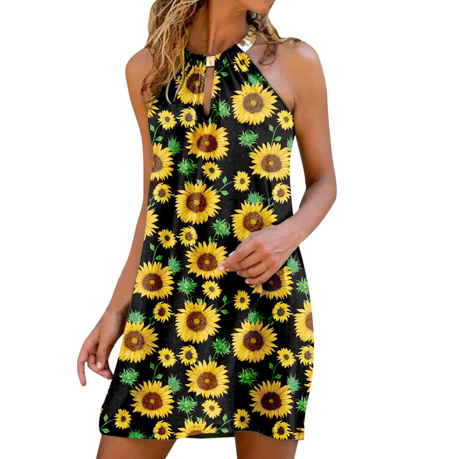 Plus Size Summer Dress for Women - Bohemian Floral Hollow Out Halter Tunic Mini Dress, Loose Sleeveless Sun Dress for Beach, Vacation & Casual Outings