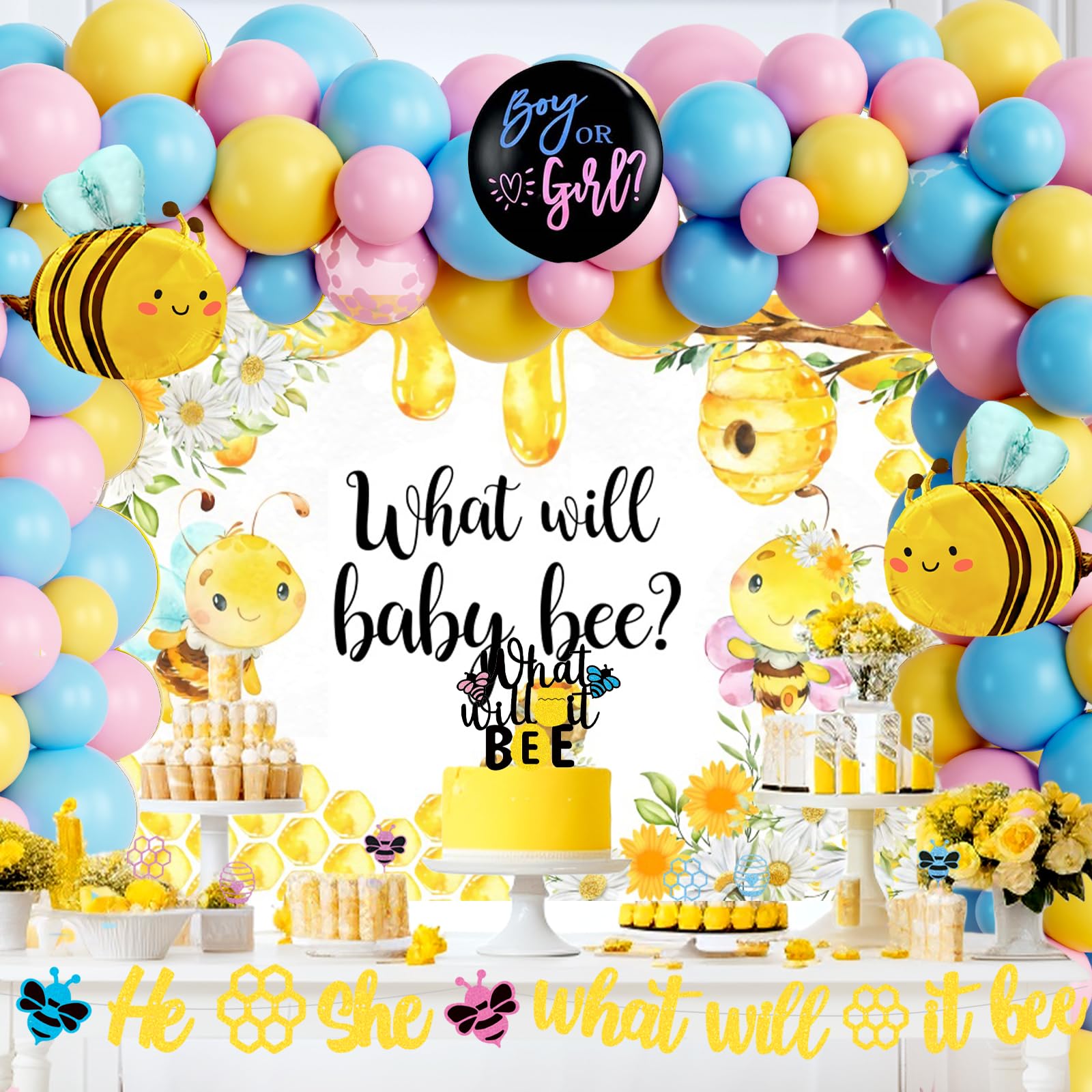 Bee Gender Reveal Party Decorations Set - Bumble Bee Baby Shower Backdrop, Balloons, Banner, Tablecloth & Cake Toppers for 'What Will It Bee' Theme Celebrations