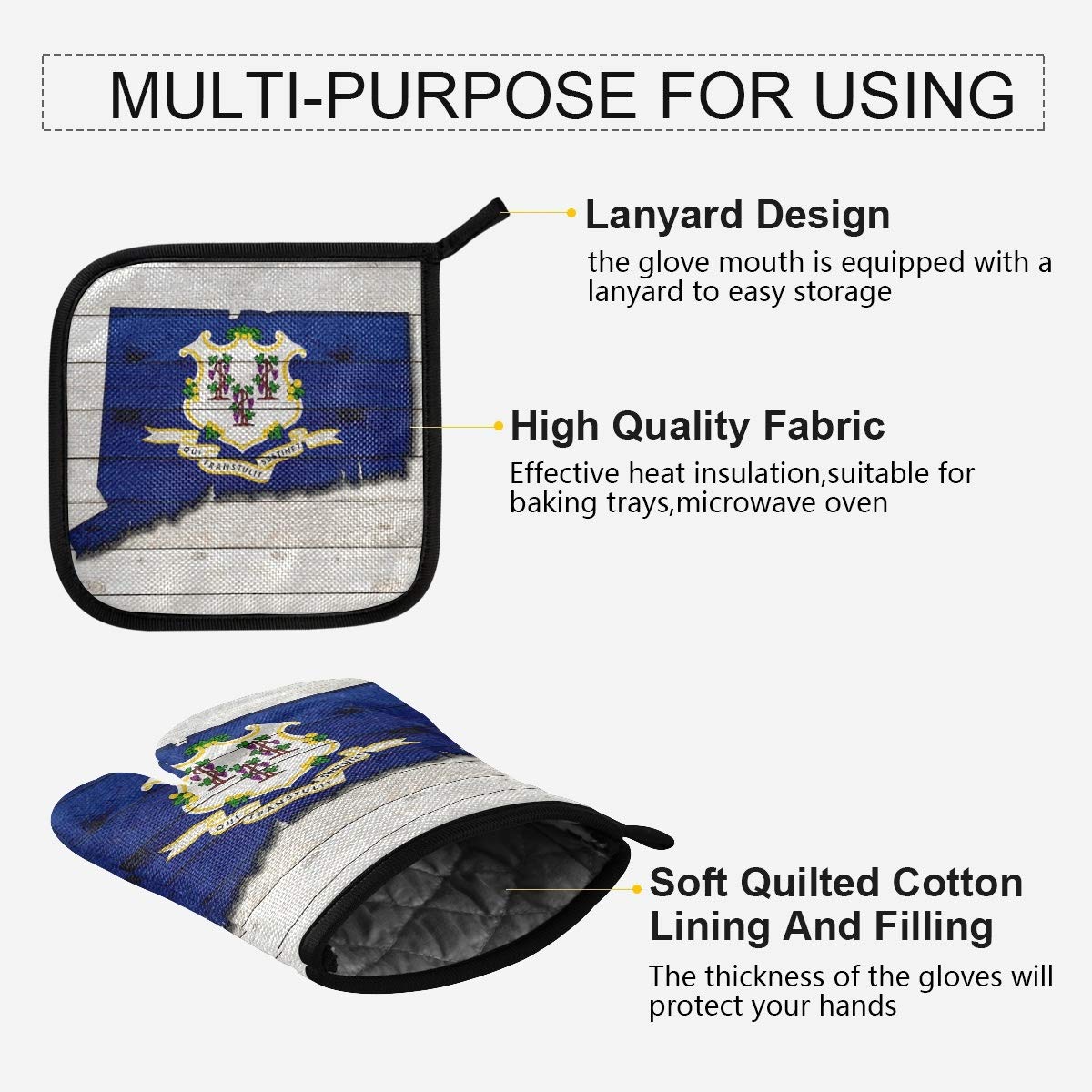 Connecticut Flag Map Oven Mitts & Pot Holders Set - Heat Resistant Kitchen Gloves for Cooking, Baking, Grilling & BBQ - Perfect for Microwave, Stove & Oven Use