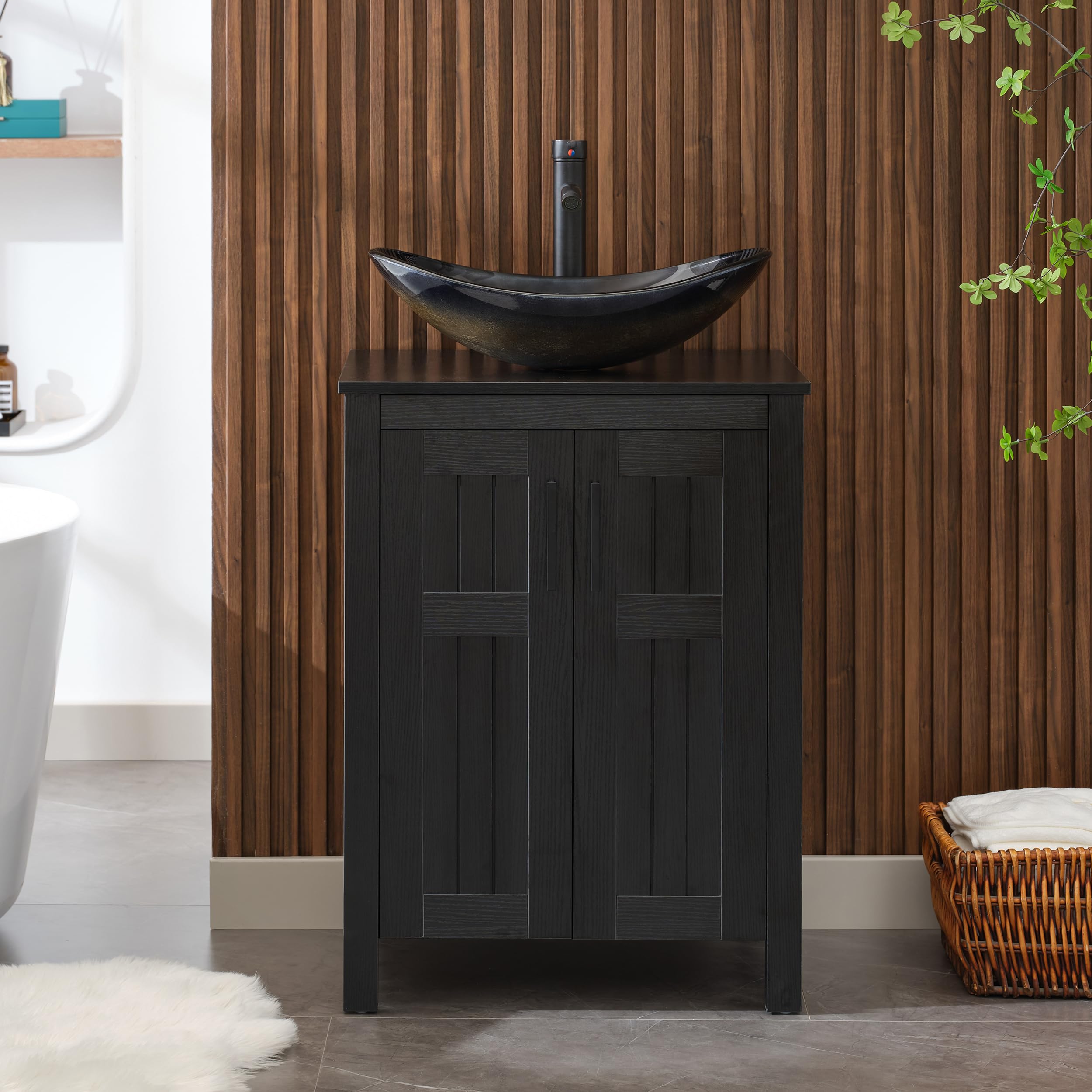 24 Inch Black Freestanding Bathroom Vanity with Champagne Boat Tempered Glass Vessel Sink - Modern Double Door Sink Cabinet with Grooved Design & Metal Handles | Perfect for Small Bathrooms, Powder Rooms & Contemporary Home Decor