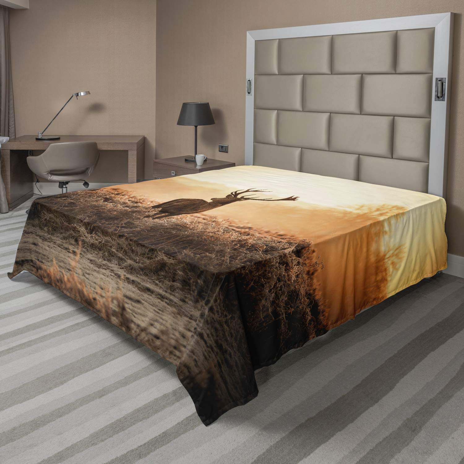 Ambesonne Hunting King Size Flat Sheet - Red Deer in Morning Sun Wilderness Nature Scenery, Soft Comfortable Top Sheet for Bedroom Decor (Brown Orange) | Perfect for Cabin, Lodge & Rustic Home Decor