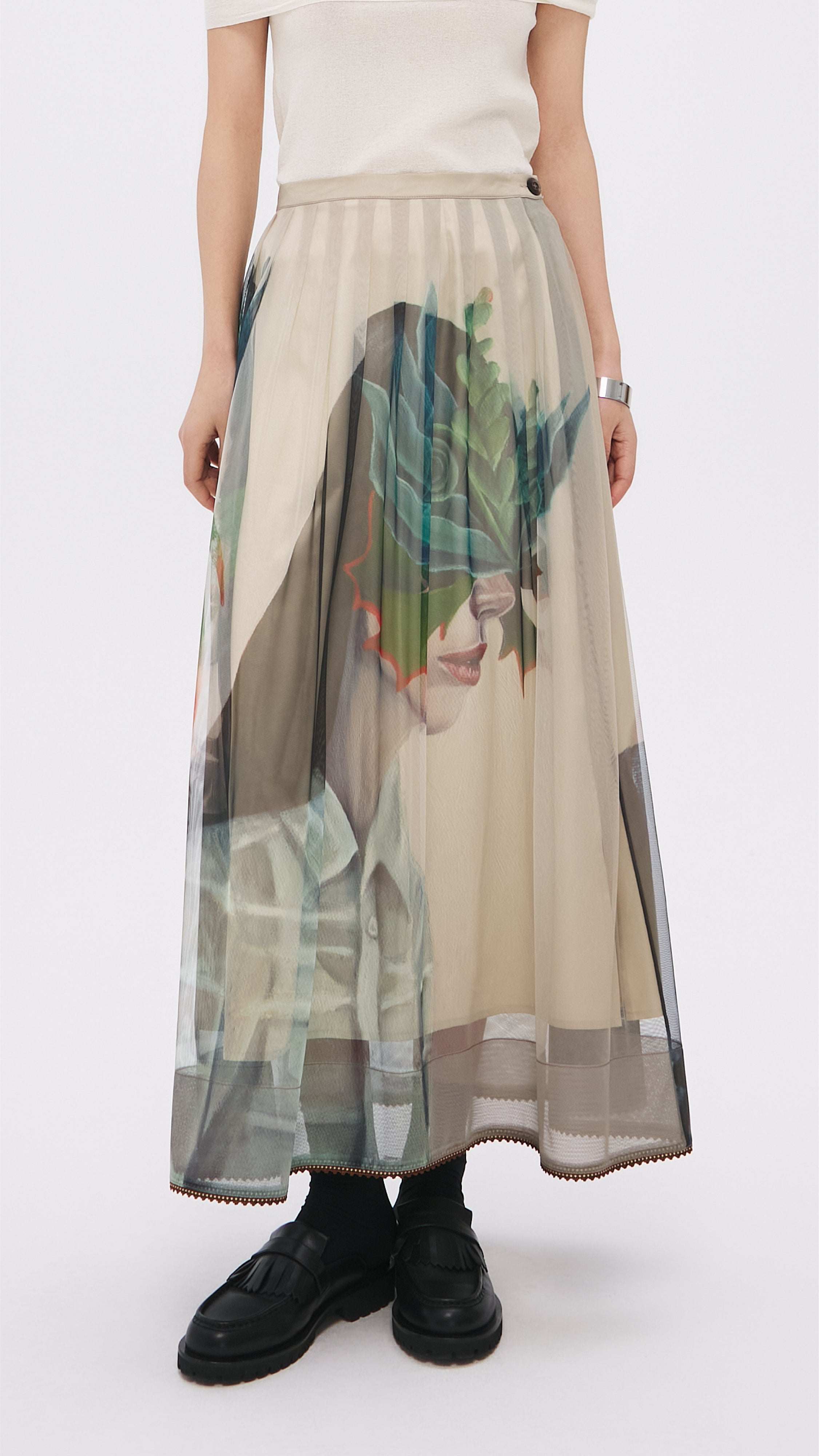 Mariko Enomoto Women's Graphic Print Pleated Mesh Skirt - Stylish A-Line Midi Skirt for Party, Date Night & Casual Outfits