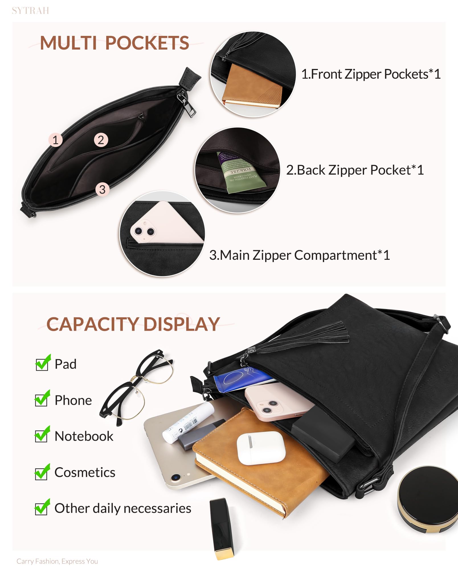 Premium Vegan Leather Crossbody Bag for Women - Adjustable Strap Lightweight Shoulder Purse with Tassel | Perfect for Work, Travel & Everyday Use