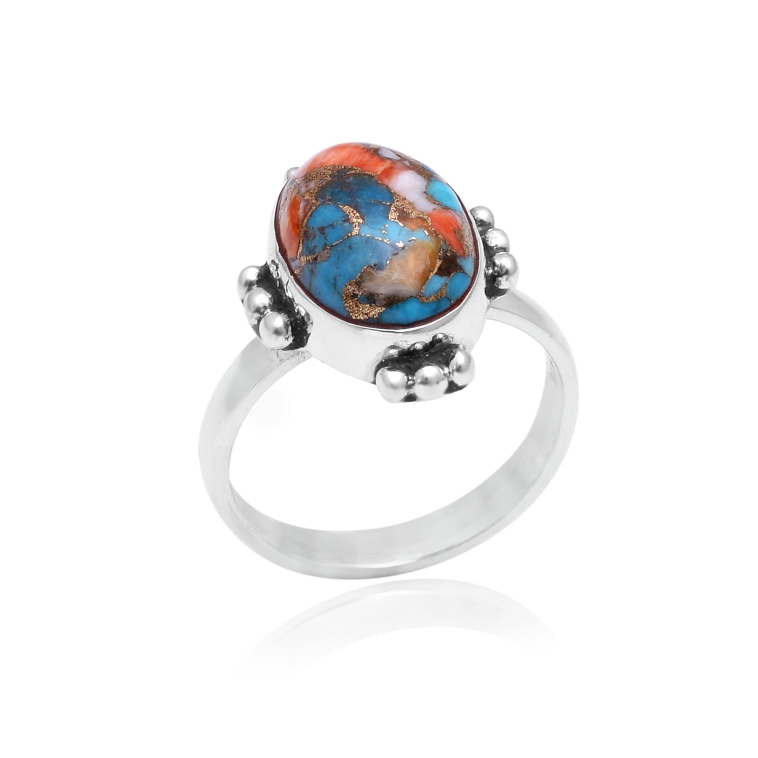 Veracity Jewelry 925 Sterling Silver Oyster Copper Turquoise Rings for Women - Kingman Mojave Mohave Spiny Oyster Healing Meditation Jewelry - Multi-Color Turquoise Ring (VSR-520) - Perfect for Boho Fashion, Spiritual Healing & Everyday Wear
