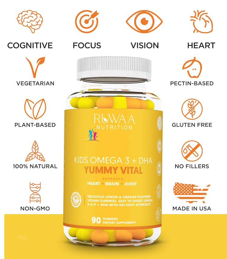 Kids Omega 3 Gummies with DHA & EPA - Vegan Omega 3-6-9 Supplement + Vitamin C for Cognitive Health, Focus & Vision - No Fishy Aftertaste - 540 Count (6 Pack) - Perfect for School Snacks & Daily Nutrition