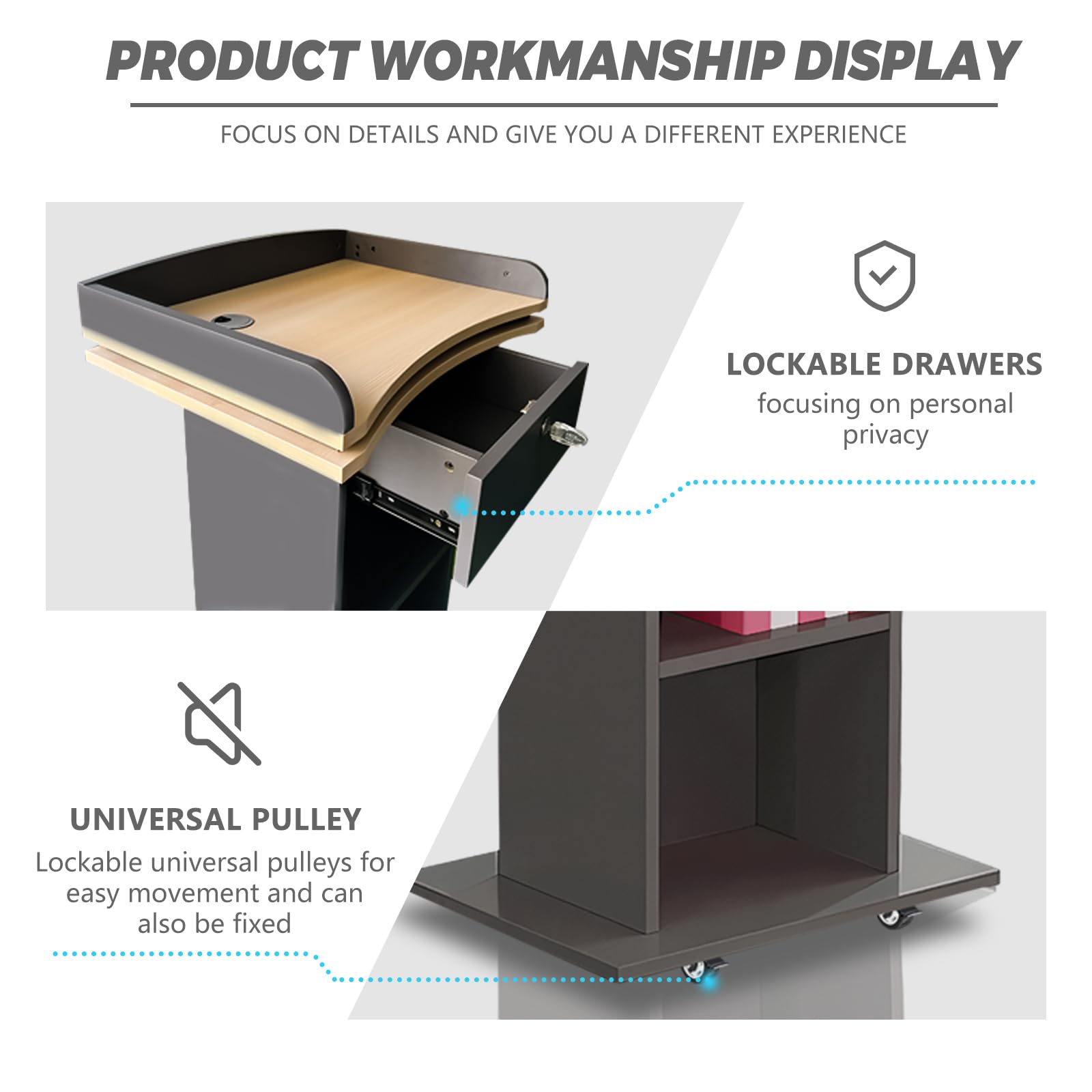 Mobile Wooden Podium Stand with Wheels & Lockable Drawer - Double-Layer Storage Pulpit for Churches, Classrooms & Conference Rooms - Includes Dust Cloth | Durable Rolling Lectern for Sermons, Presentations & Public Speaking Events