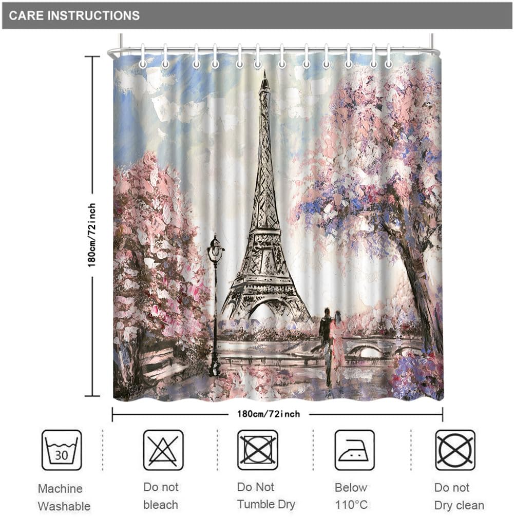 Paris Shower Curtain - Sakura Blossom Landscape Pink Romantic Waterproof Fabric Bathroom Decor with 12 Hooks (72x72 Inches) for Elegant Bathroom & Spa Style Upgrade
