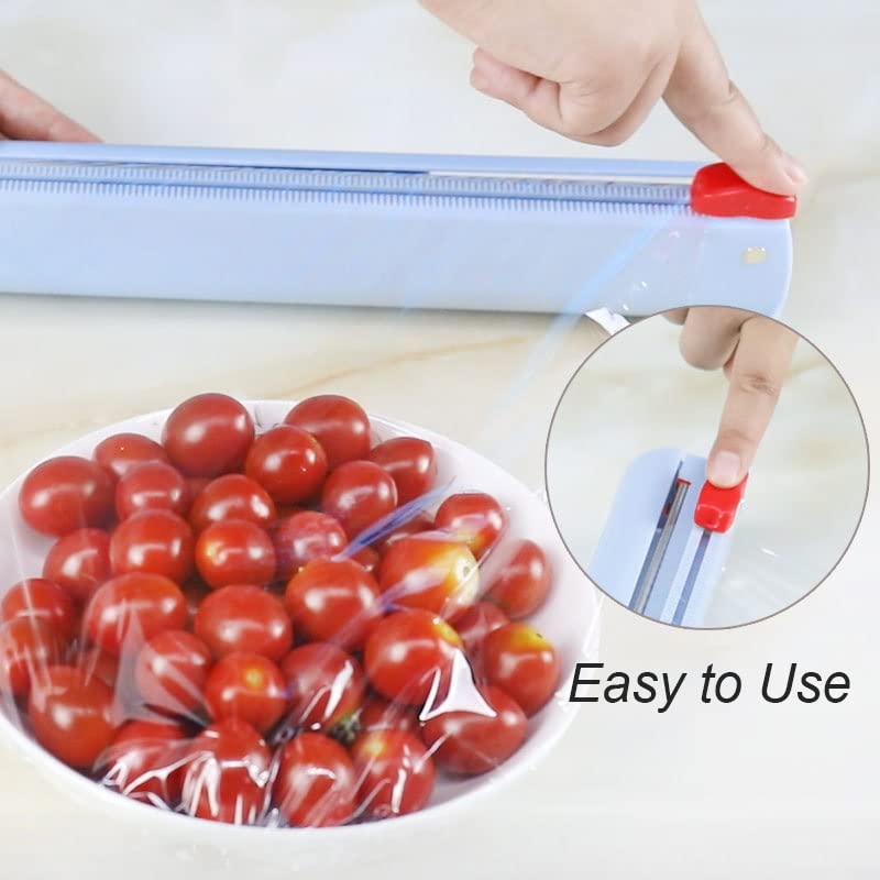 Adjustable Refillable Plastic Wrap Dispenser with Slide Cutter - Magnet Adsorption for Kitchen - Hollow Side Windows Design - Blue (Ideal for Food Storage, Meal Prep & Leftovers)