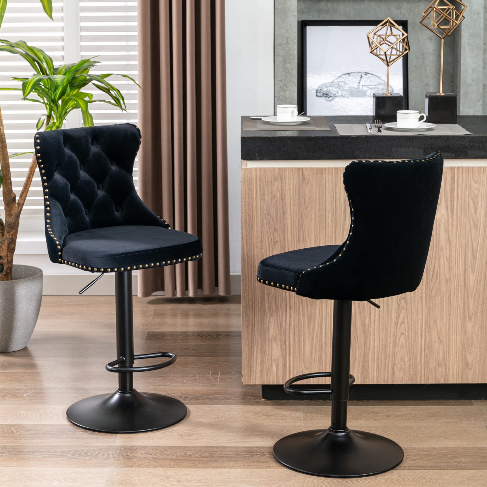 i-POOK Swivel Bar Stools Set of 2 - Adjustable Counter Height Barstools with Nailheads Trim, Button Tufted Back & Footrest - Velvet Dining Chairs for Kitchen Island, Home Bar, Restaurant & Cafe - Black Modern Bar Stools for Indoor & Outdoor Use