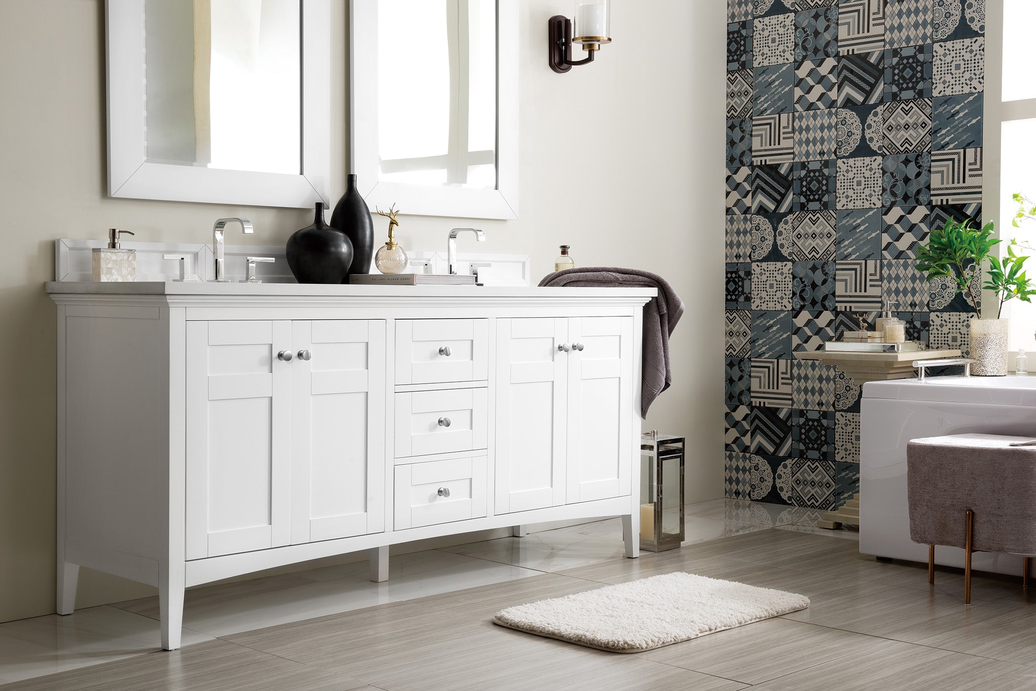 Palisades 72 Inch Double Bathroom Vanity with 3CM Classic White Quartz Countertop - Bright White Finish for Modern Master Bathroom Remodel