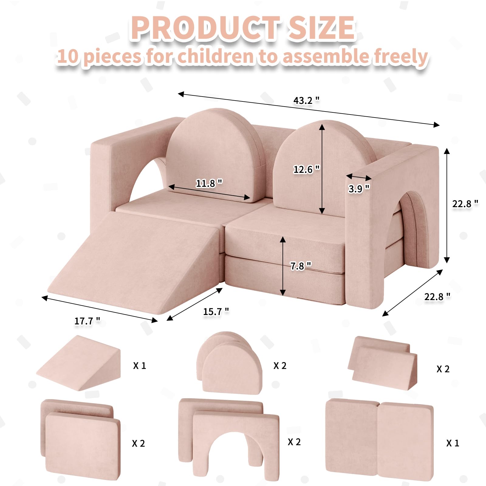 10PCS Modular Kids Play Couch with Climbing Slope - 10-in-1 Convertible Toddler Sofa for Play, Creativity & Nap Time - Soft Indoor Children's Furniture for Boys & Girls (Pink) - Perfect for Playrooms, Bedrooms & Daycare Centers