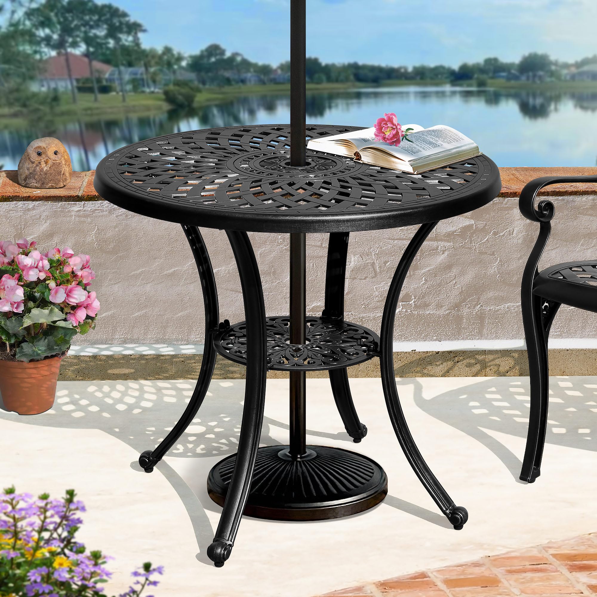 DWVO 30-Inch Round Outdoor Dining Table with Umbrella Hole - Antique Cast Aluminum Patio Bistro Table for Backyard, Garden, Deck, Porch - Weather-Resistant Black Side Table for Outdoor Entertaining & Relaxation
