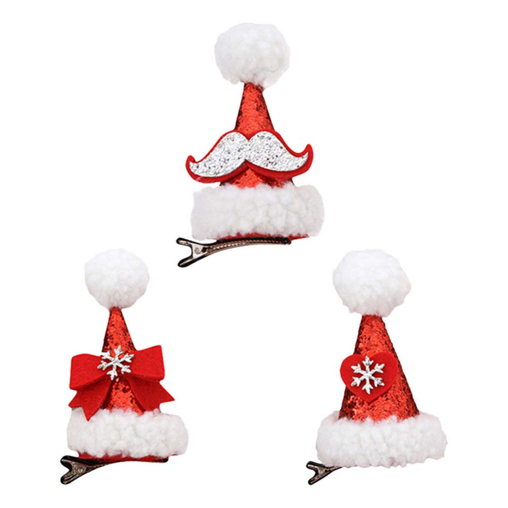 3pcs Christmas Mini Santa Hat Hair Clips with Moustache Bow - Festive Hair Pins & Barrettes for Kids & Baby - Perfect for Holiday Parties, Christmas Photos & Costume Accessories (Random Color)
