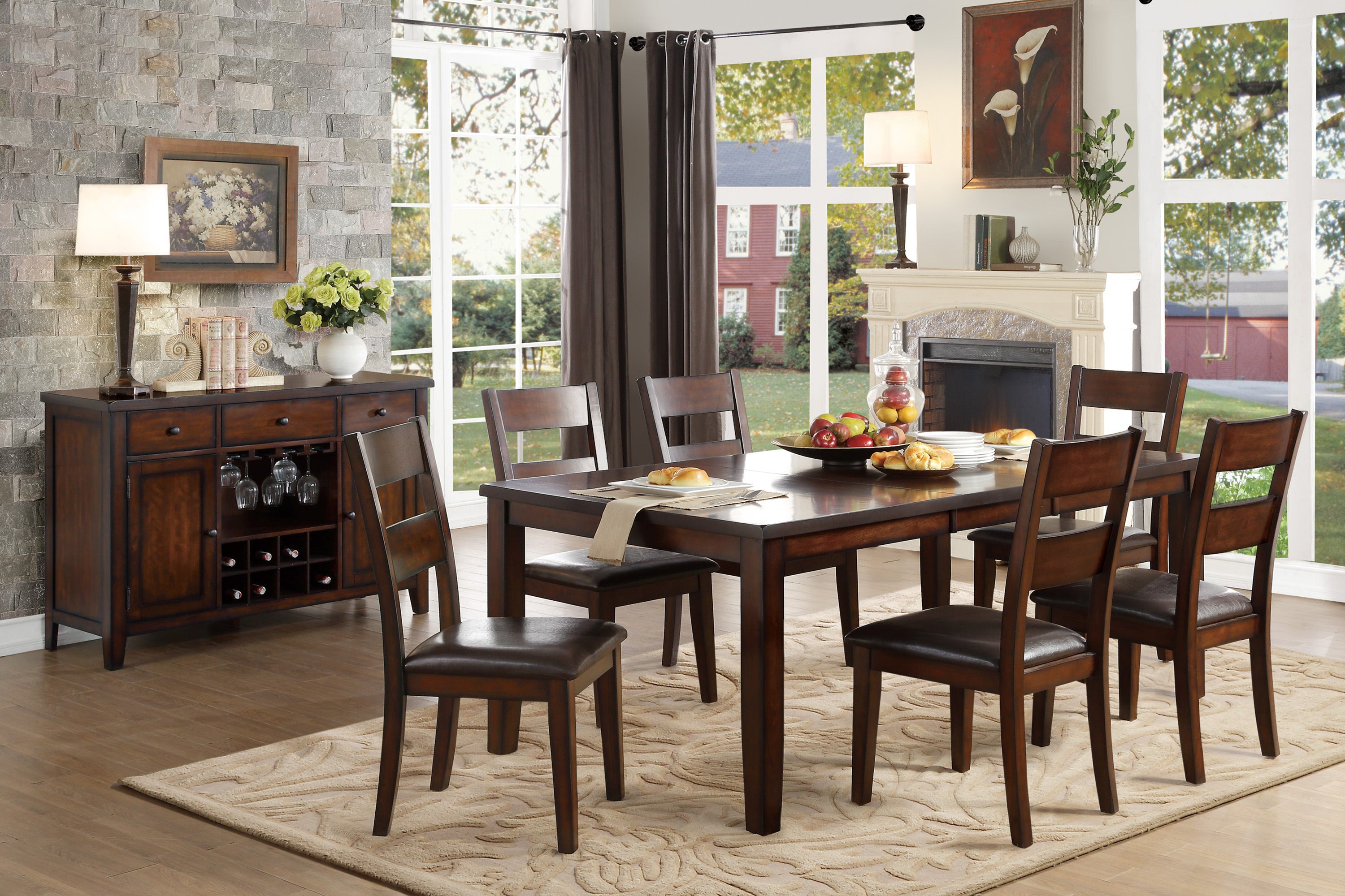 Set of 2 Cherry Finish Transitional Dining Chairs - Mango Wood Veneer with Faux Leather Upholstery | Classic Style Side Chairs for Dining Room, Kitchen, or Home Office