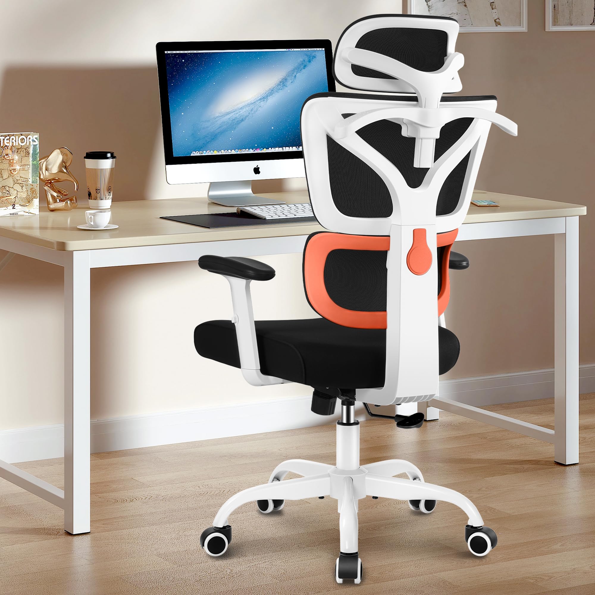 Ergonomic Office Chair with Lumbar Support - High Back Mesh Computer Desk Chair for Home & Gaming - Adjustable Armrests & Reclining Function - Big and Tall Comfortable Chair (Orange) - Perfect for Long Work Hours, Gaming Sessions & Home Office Use