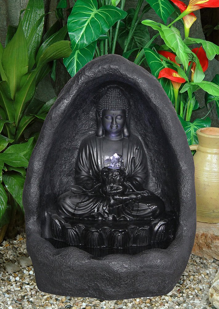 Hi-Line Gift Ltd LED Crystal Ball Buddha Grotto Fountain - Indoor Zen Meditation Decor, Home Office Relaxation Water Feature