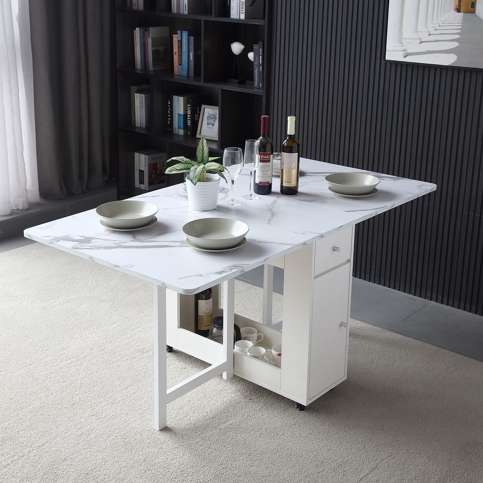 FUNROLUX White Folding Dining Table with Rack & 2 Storage Drawers - Extendable Space Saving Kitchen Table with 3 Adjustable Forms | Perfect for Small Apartments, Studio Kitchens & Compact Living Spaces