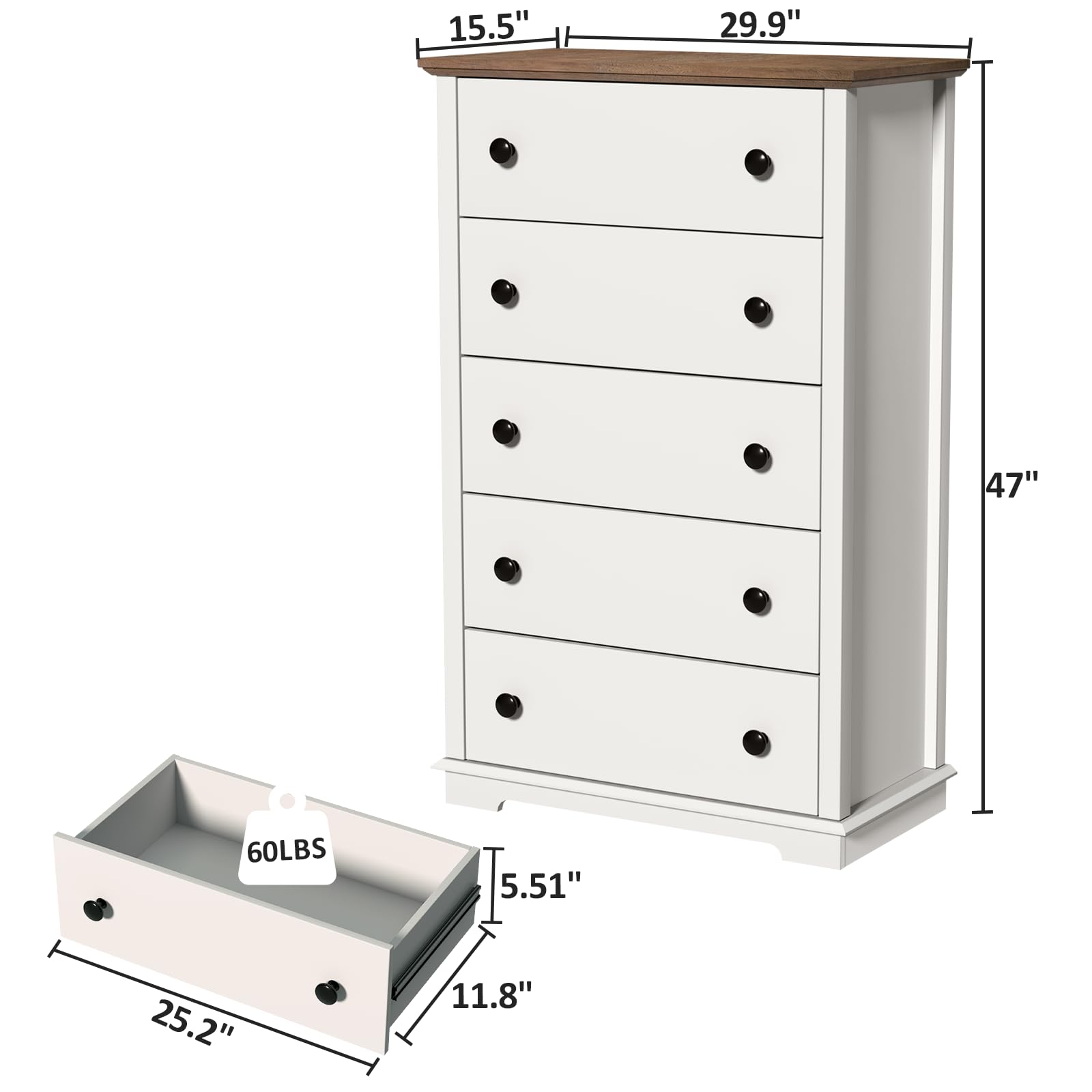 HIFYOBRO 5-Drawer Dresser with Double Anti-Tip Safety, White Wooden Chest of Drawers for Bedroom, Living Room & Entryway - Sturdy Storage Solution for Clothes, Toys & Home Organization