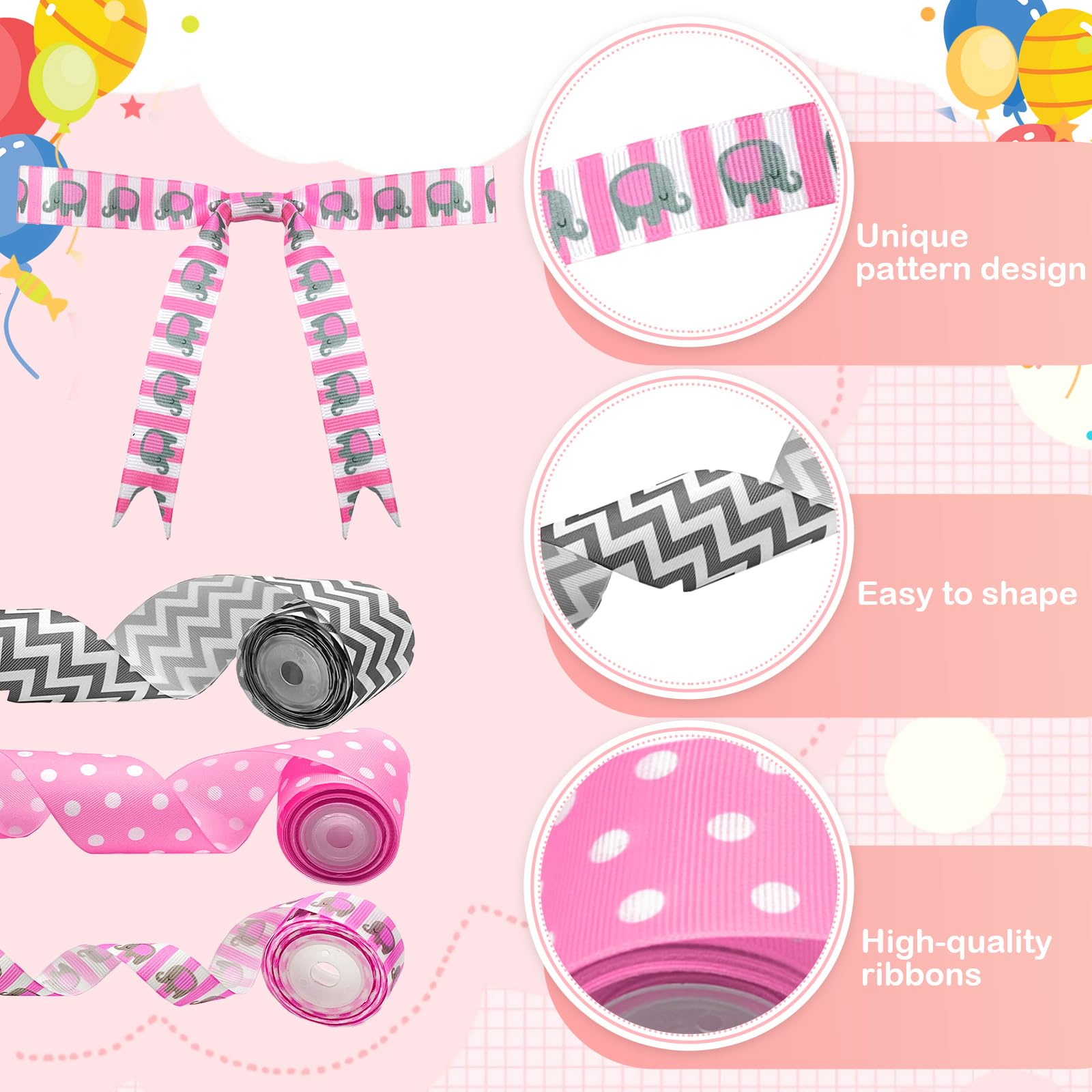 Baby Shower Elephant Diaper Cake Decorations Kit - Baby Shower Supplies for Girls with Grosgrain Ribbon, Plush Elephant & Gender Reveal Cards (Diapers Not Included) | Perfect for Gender Reveal Parties & Newborn Celebrations