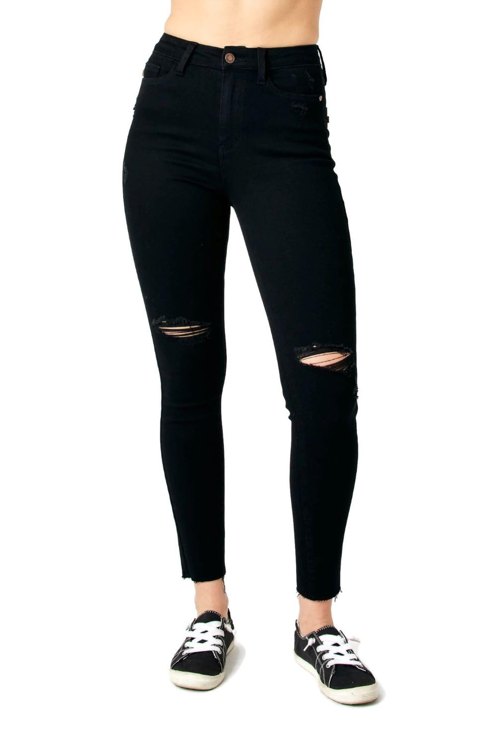 Judy Blue Women's Black Distressed Raw Hem High Rise Ankle Skinny Jeans | Trendy Stretch Denim Pants for Casual Wear & Night Out