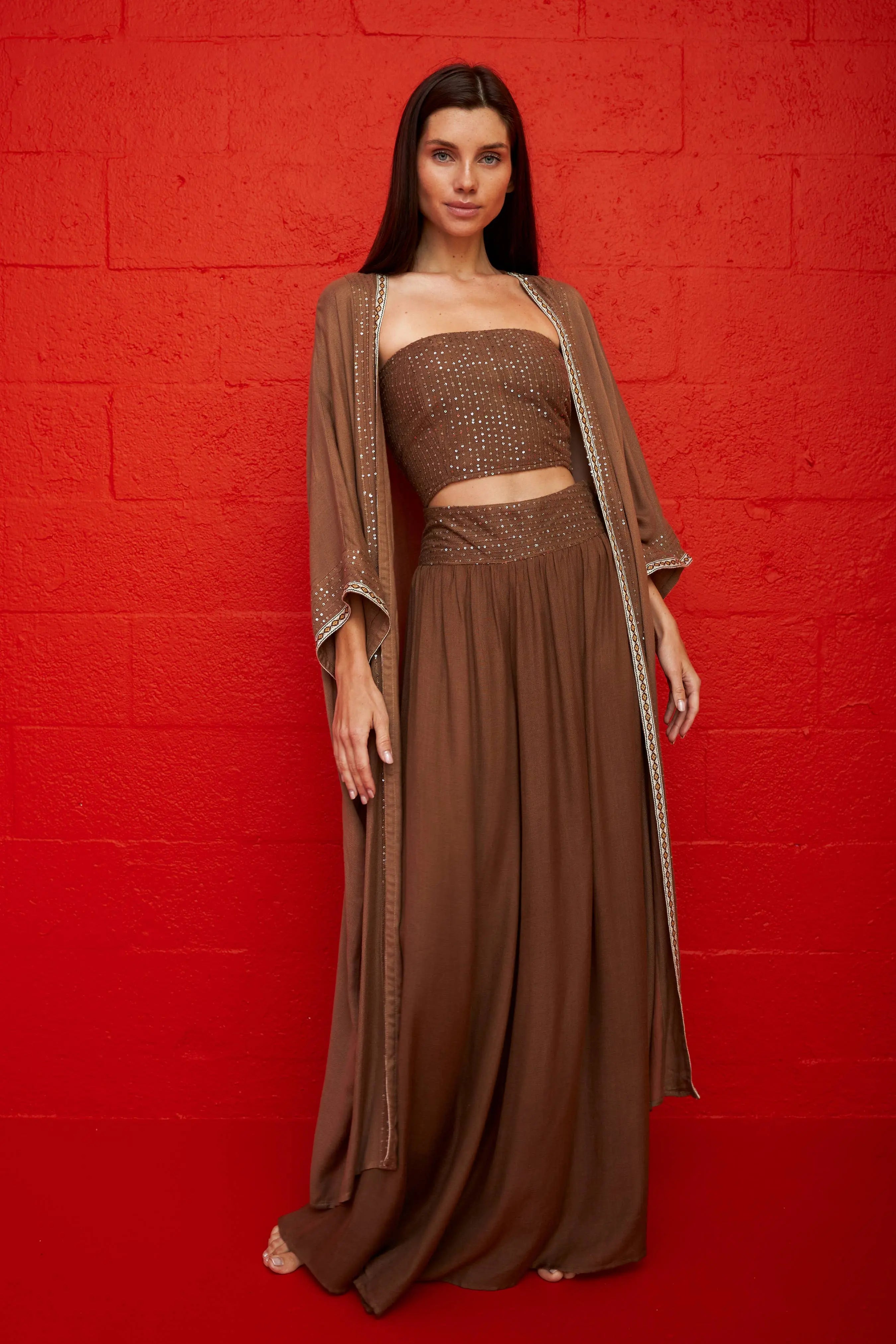 Pitusa Sequin Wide Leg Palazzo Pants for Women - Chocolate Brown - Elegant & Comfortable Lounge & Party Wear for Evening Events & Special Occasions