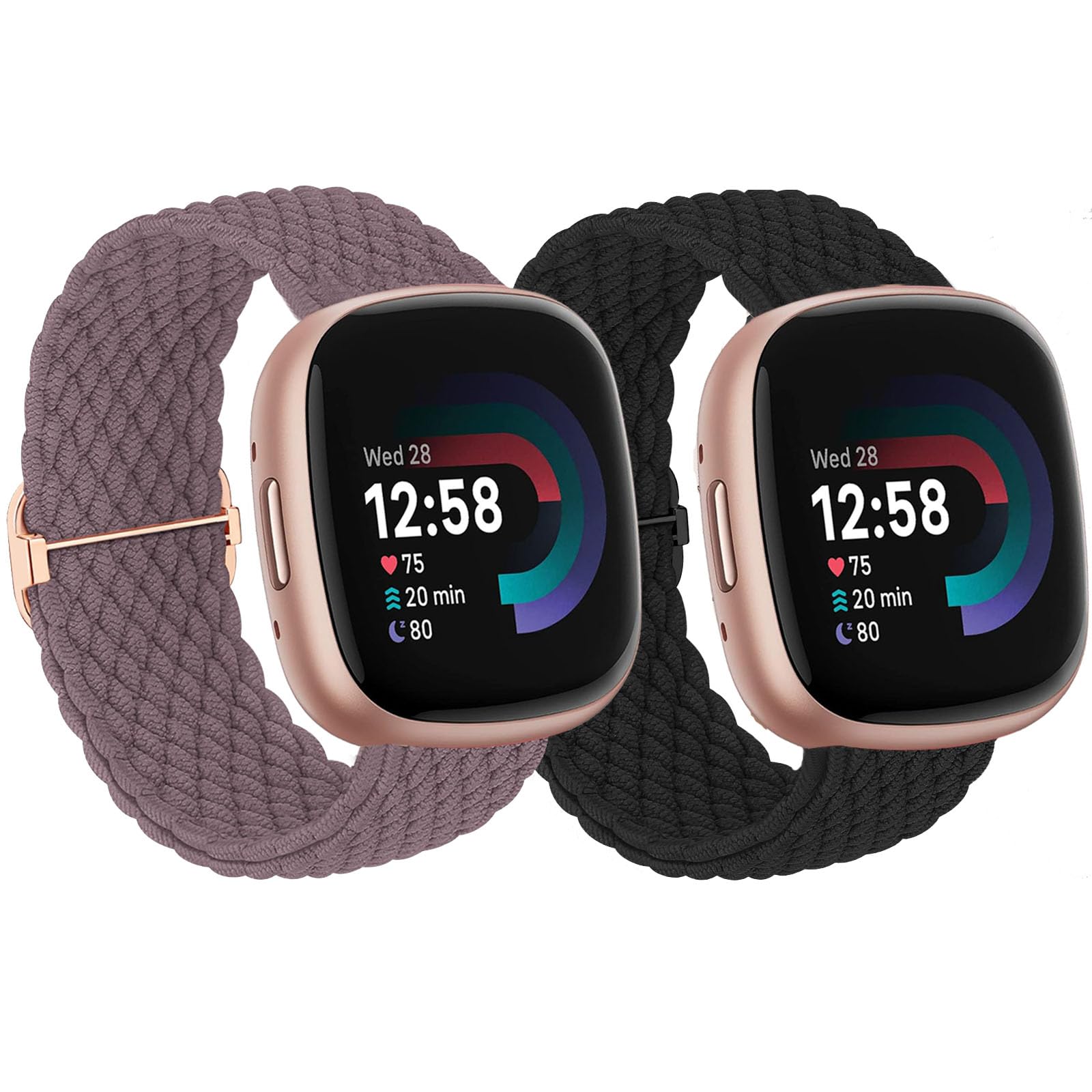2 Pack Soft Adjustable Nylon Braided Strap for Fitbit Versa 4/3/Sense 2 - Breathable Solo Loop Fabric Watch Band for Women - Perfect for Workouts, Running & Everyday Wear