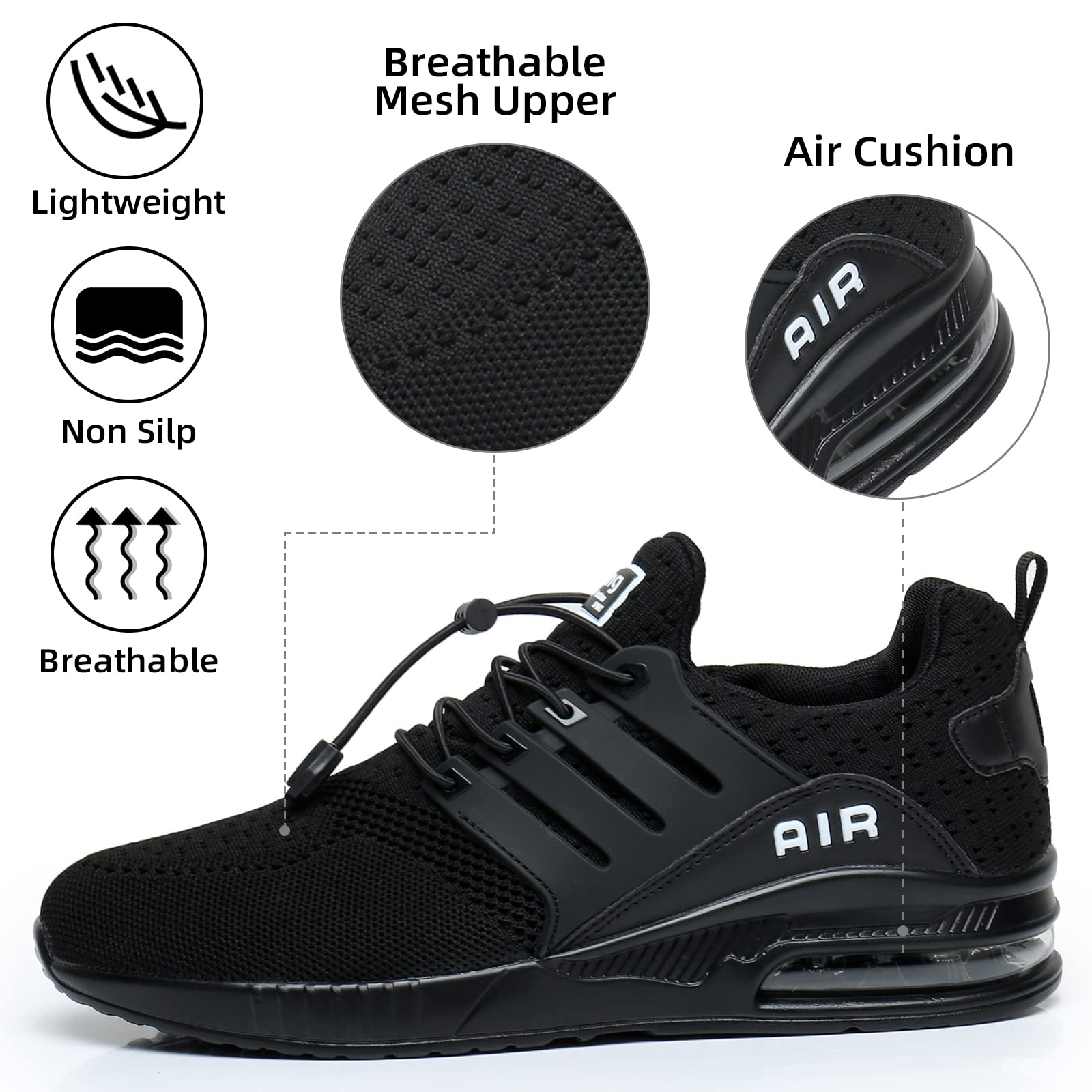 BOGOVER Women's Lightweight Air Running Shoes - Breathable Gym Jogging Tennis Sneakers with Air Cushion, Slip-On No Tie Design (All Black, Size 9) | Perfect for Running, Workouts & Casual Wear