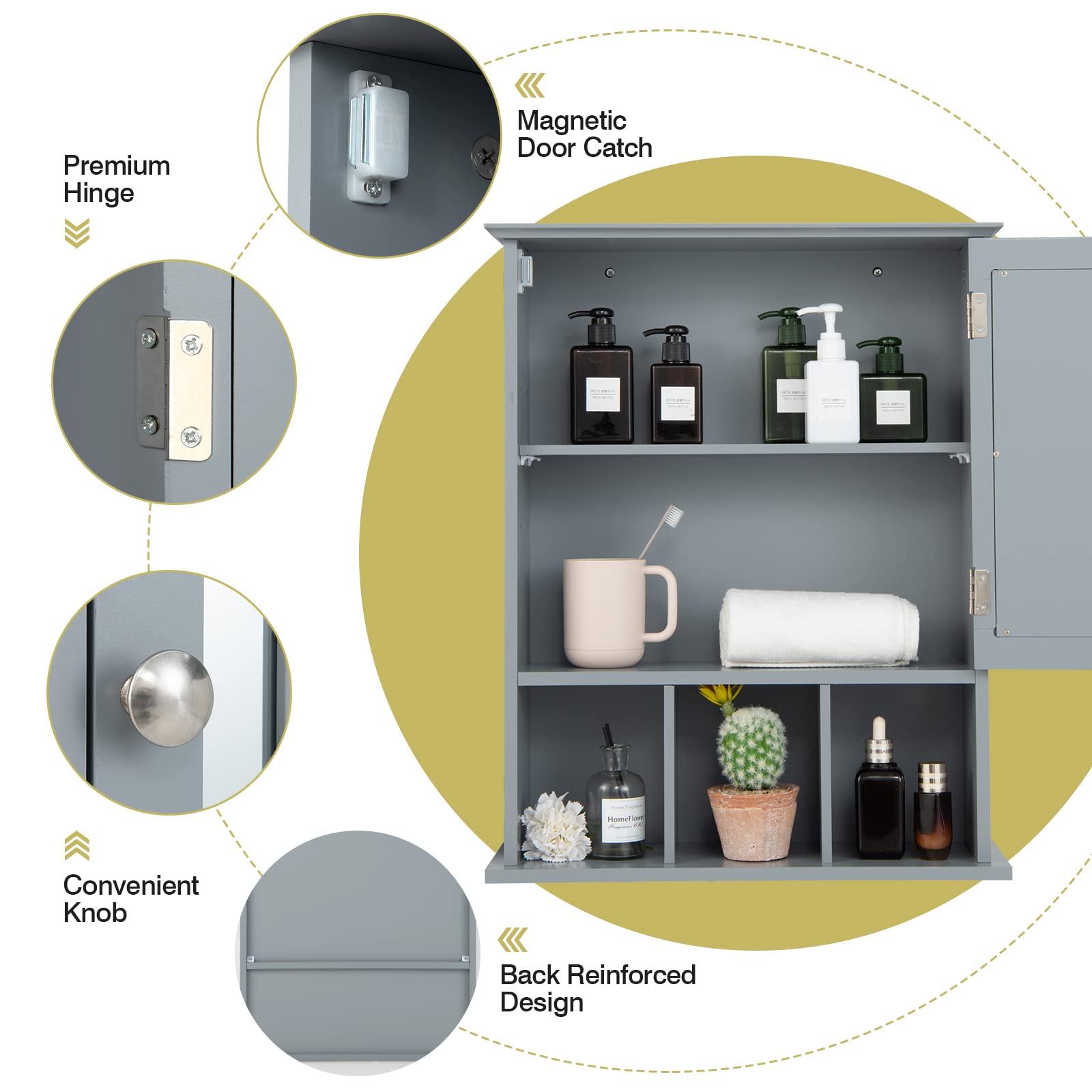 GOFLAME Wall Mounted Bathroom Medicine Cabinet with Mirror - Adjustable Shelf Storage Organizer for Bathroom, Vanity, or Powder Room - Sleek Grey Design for Modern Home Décor