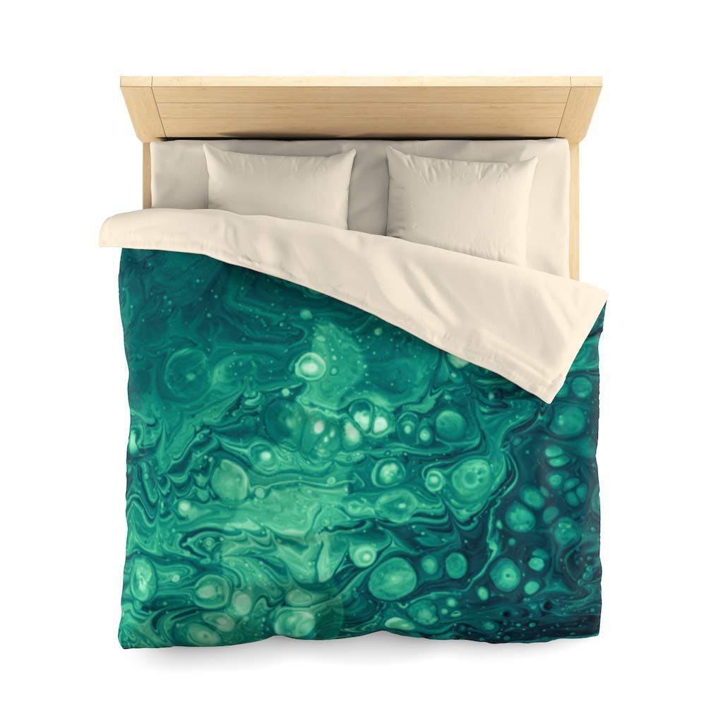 Abstract Teal Bubbles Acrylic Painting Emerald Microfiber Duvet Cover Queen Size - Soft Luxury Bedding Set for Modern Bedroom Decor