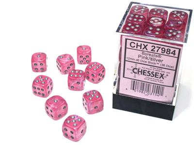 Borealis 12mm d6 Pink Silver Luminary Dice Block Set of 36 - Perfect for D&D, RPG, Tabletop Gaming, and Collectors