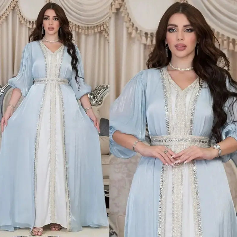 Elegant 2-Piece Eid Dress Set - Hotfix Rhinestone Satin Open Abaya Kaftan with Matching Sleeveless Inner Dress | Perfect for Eid Celebrations, Weddings & Special Occasions