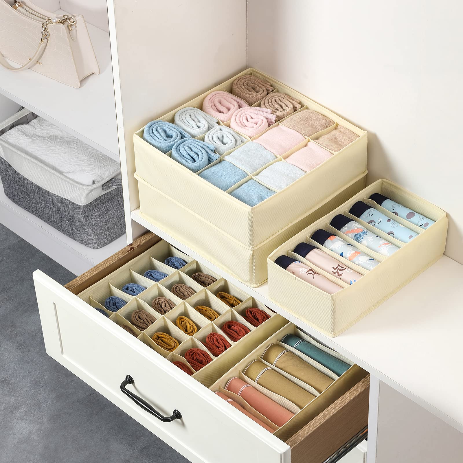 5 Pack Foldable Fabric Drawer Organizers - Sock & Underwear Storage Box, Dresser Closet Dividers for Baby Clothes, Undies, Handkerchiefs, Ties | Beige | Bedroom Cabinet Organization & Space Saving Solution