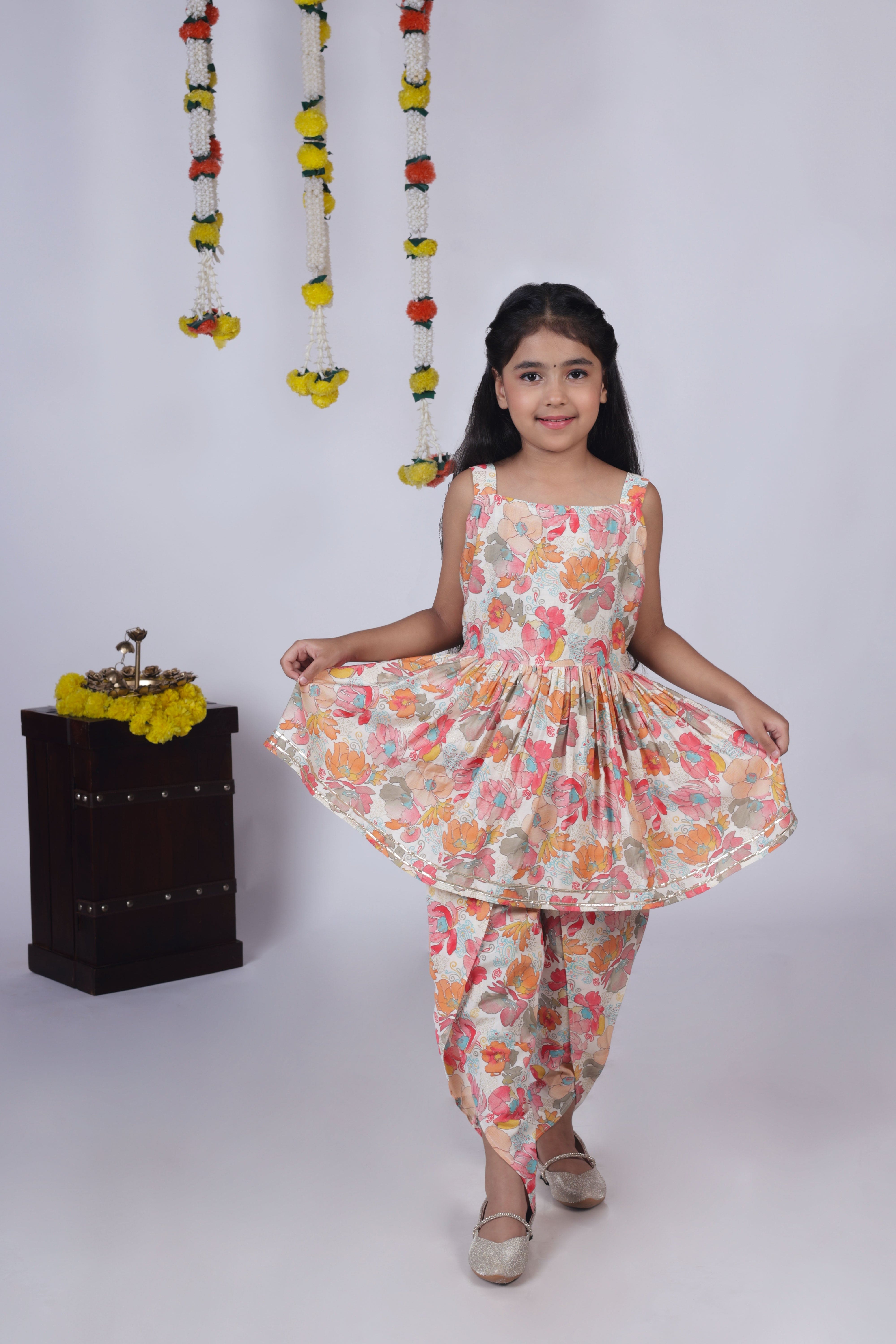 Chanderi Silk Sleeveless Floral Printed Kurti with Dhoti - Multicolor Indian Ethnic Outfit for Women | Perfect for Festivals, Weddings & Cultural Events