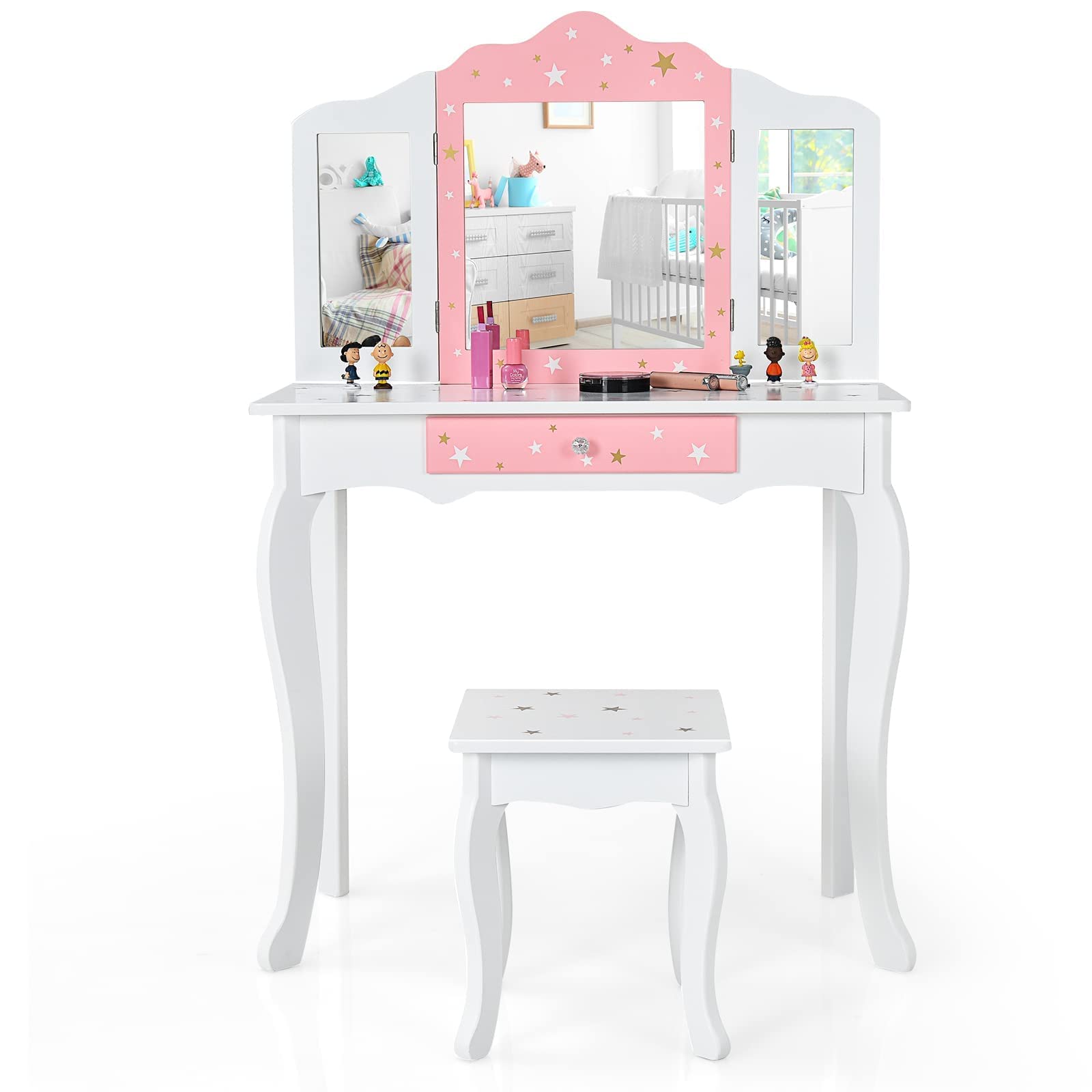 HONEY JOY Kids Vanity Set - Wooden Princess Makeup Dressing Table with Stool, Drawer & Tri-Folding Mirror | Detachable Top for Easy Storage | Pretend Play Toy for Little Girls (White) | Perfect for Bedroom, Playroom & Birthday Gifts