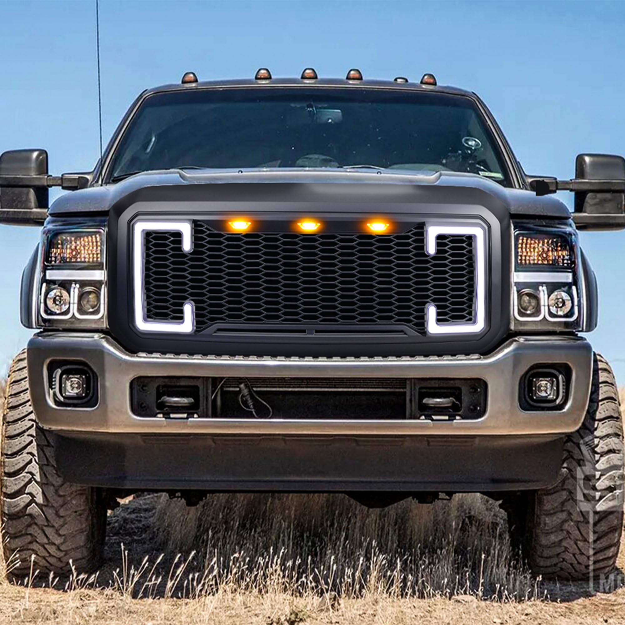 **2011-2016 Ford F250 F350 F450 F550 Matte Black Raptor Front Grille with DRL & Turn Signal Lights | Off-Road & Custom Truck Upgrade**
