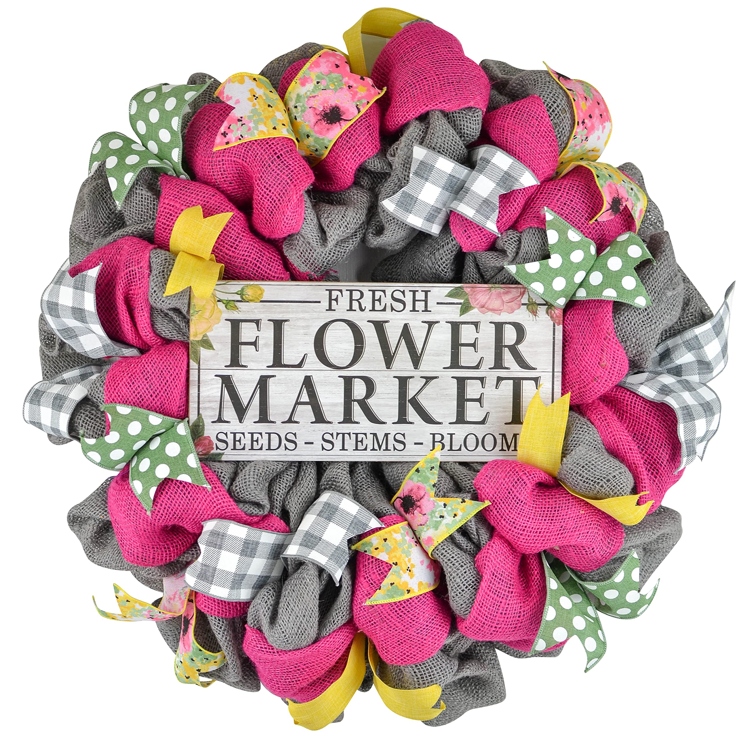 Floral Welcome Wreath - Jute Burlap Spring Door Decor for Wedding, Home, Garden - Pink Moss Green White Flowers - Perfect for Front Door, Porch & Special Events