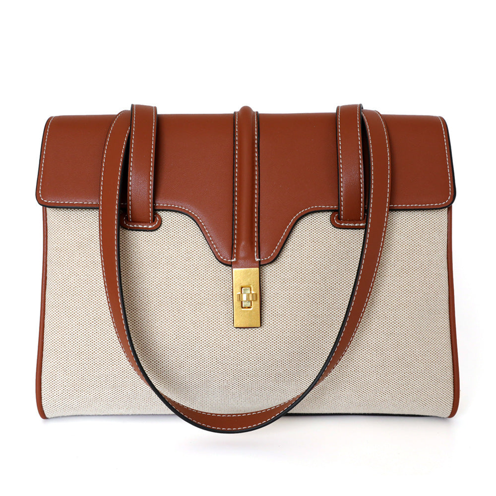 Genuine Leather Shoulder Bag for Women - Stylish Canvas Lock Design Tote Handbag - Perfect for Work, Travel & Everyday Use