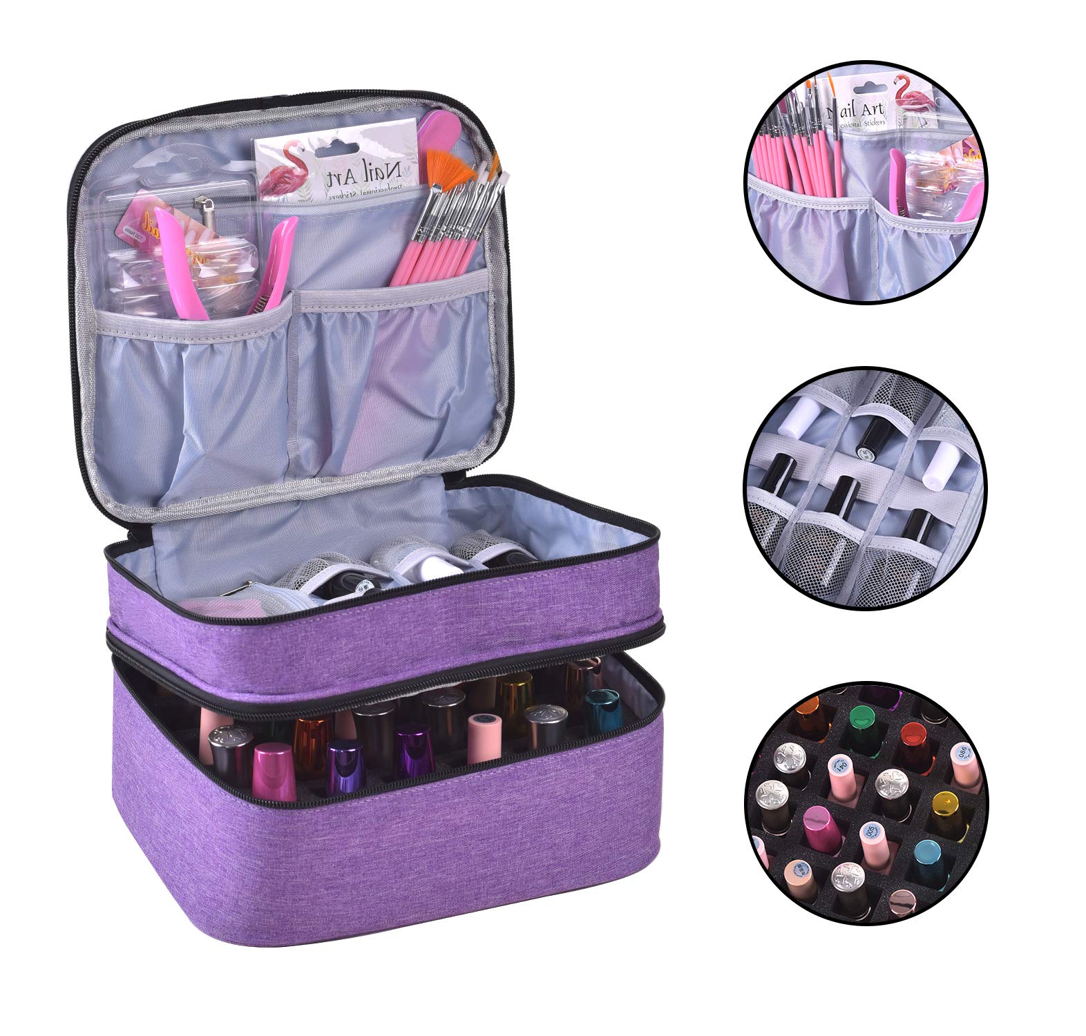 30 Bottles Nail Polish Organizer - Double Layer Nail Varnish Storage Case with Handle, Portable Nail Supply Carrying Bag for Salon & Travel (Purple) - Perfect for Professional Nail Technicians & DIY Manicures at Home