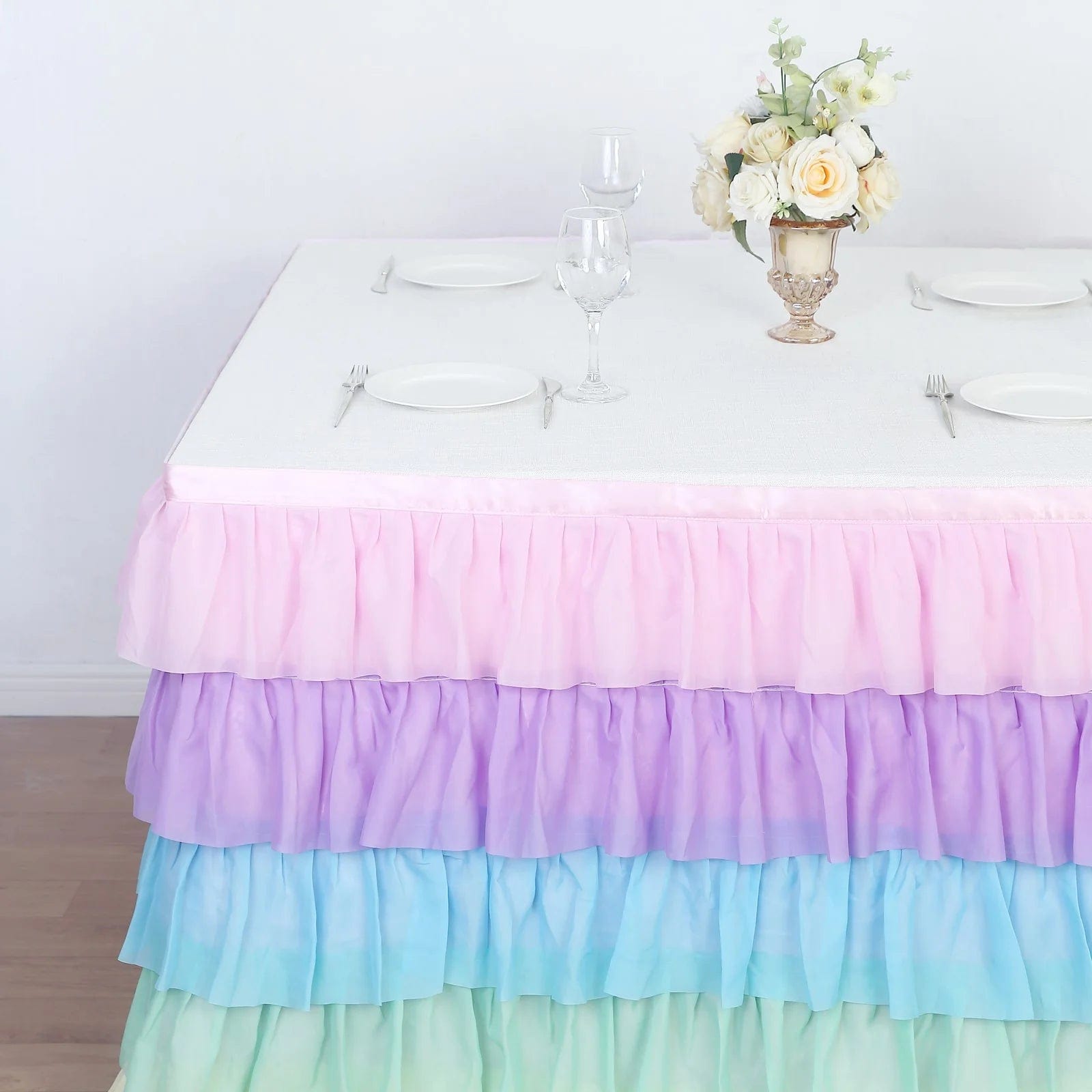 14 ft Chiffon 5 Tier Ruffled Tutu Table Skirt with Satin Backing - Elegant Party Decor for Weddings, Baby Showers & Banquets