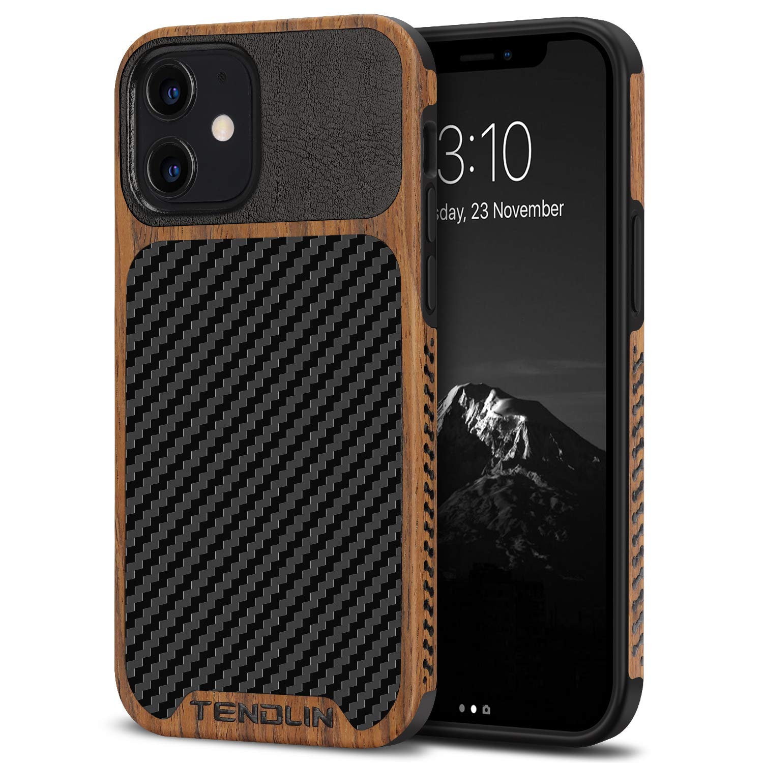 Premium Wood Grain & Carbon Fiber Hybrid Case for iPhone 12/12 Pro - Slim Leather Protective Cover (Black) | Perfect for Business, Travel & Everyday Use