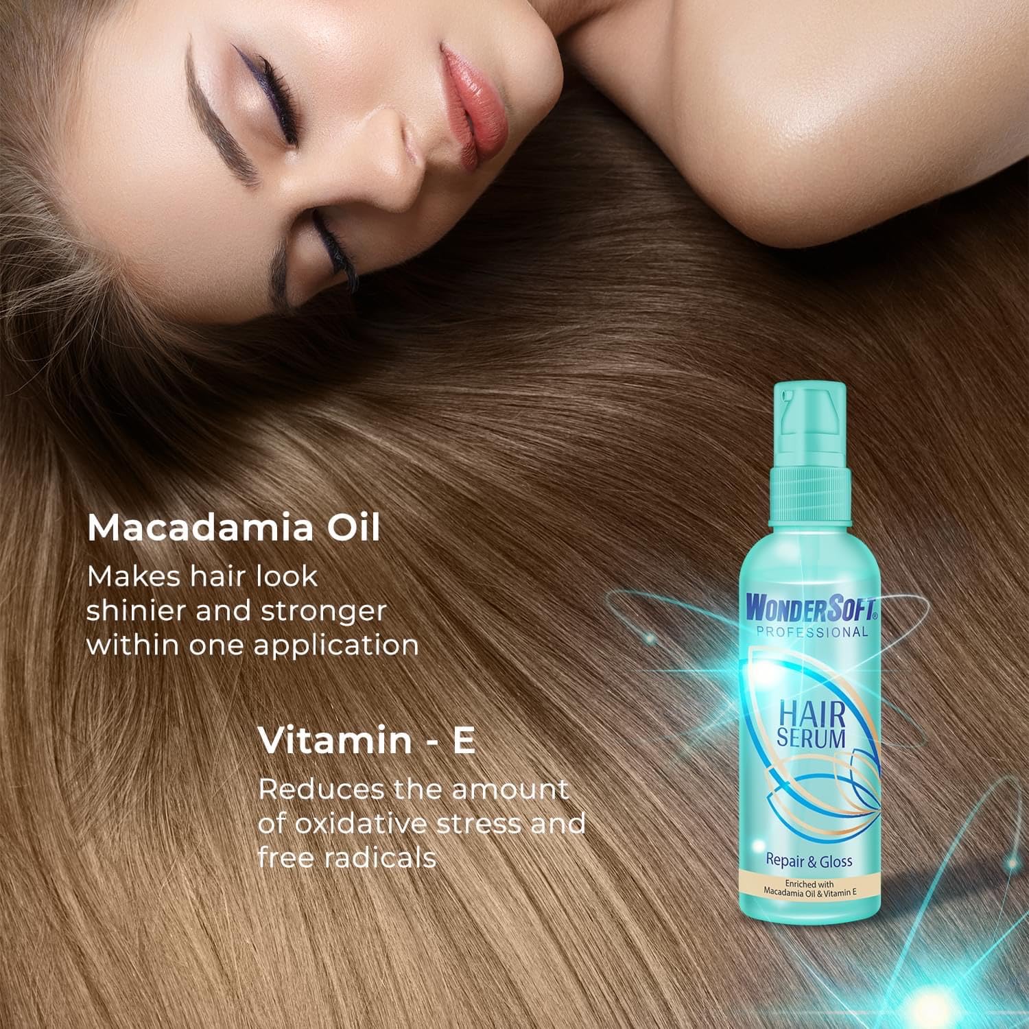 Wondersoft Professional Repair & Gloss Hair Serum with Macadamia Oil & Vitamin E - 100ml | Deep Conditioning Treatment for Damaged Hair, Frizz Control & Shine Boost | Perfect for Daily Use, Salon-Quality Results at Home
