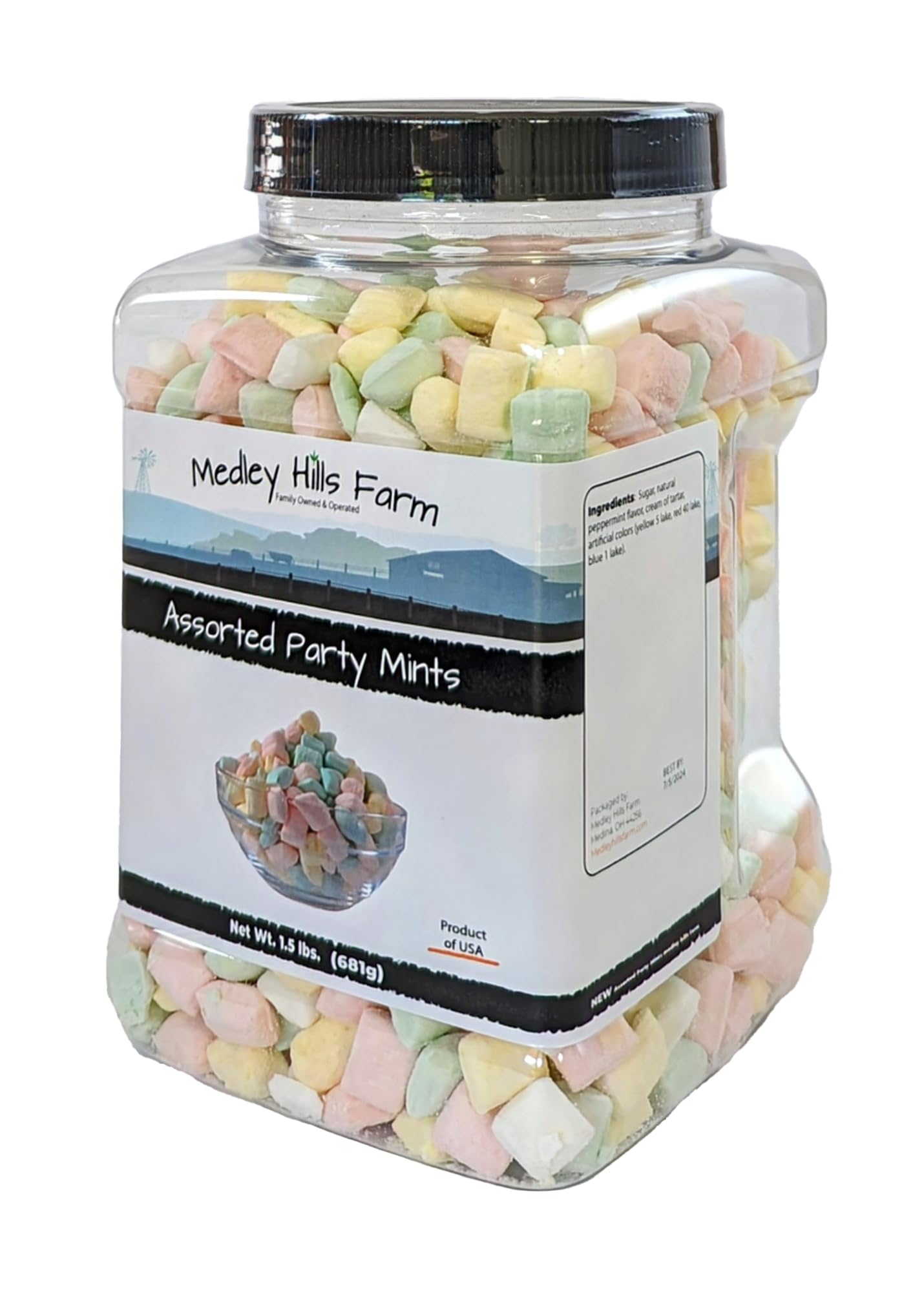 Medley Hills Farm Assorted Party Mints 1.5 lbs in Reusable Container - Perfect for Weddings, Baby Showers & Birthday Parties - Bulk Candy for Events & Celebrations - Made in USA
