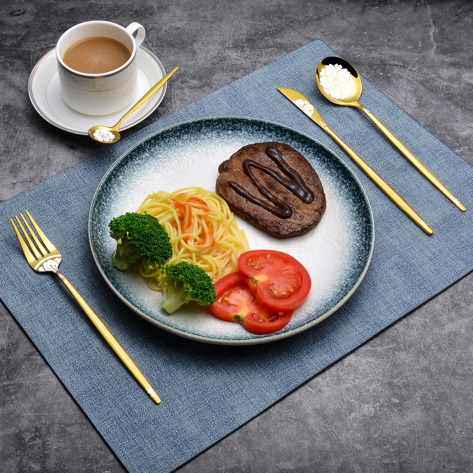 20-Piece Stainless Steel Gold Silverware Set with Elegant Pattern - Flatware Set for 4 People by LaienLife (Forks, Spoons, Teaspoon) - Mirror Polished, Dishwasher Safe - Perfect for Home Dining, Parties, and Kitchen Use