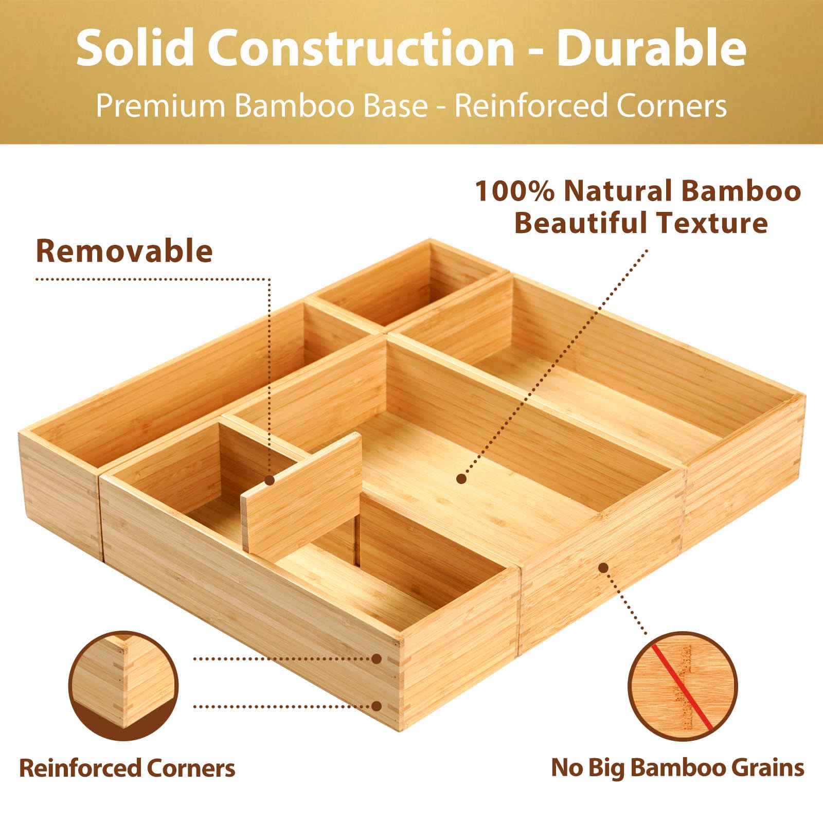 Umilife Bamboo Drawer Organizer Set - 5 Adjustable Storage Bins for Kitchen, Office, Closet & Vanity (2.5