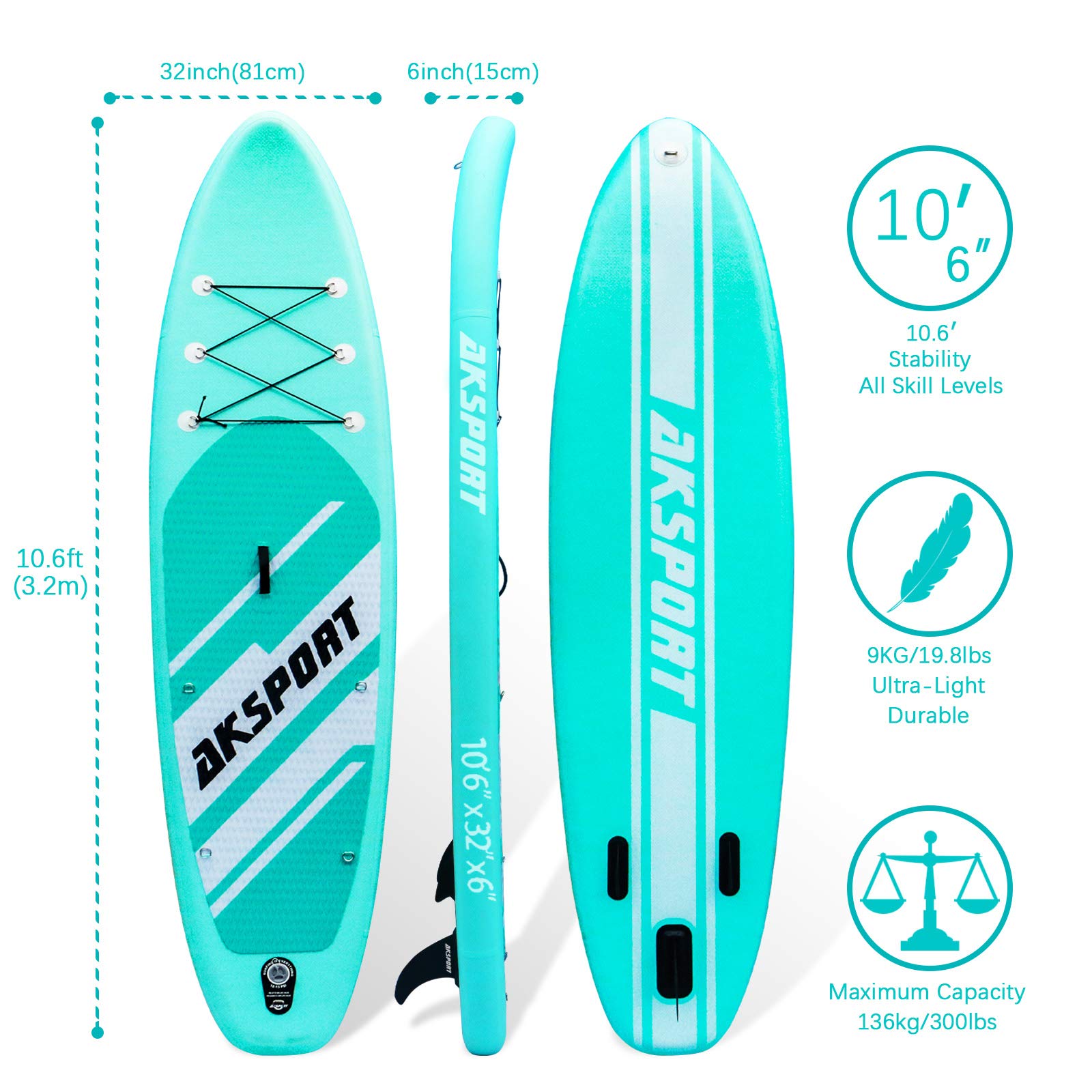 AKSPORT Inflatable Stand Up Paddle Board (SUP) with Premium Accessories Kit - Lightweight & Portable SUP Board for Adults & Youth - Perfect for Lakes, Rivers, Ocean & Yoga Paddling